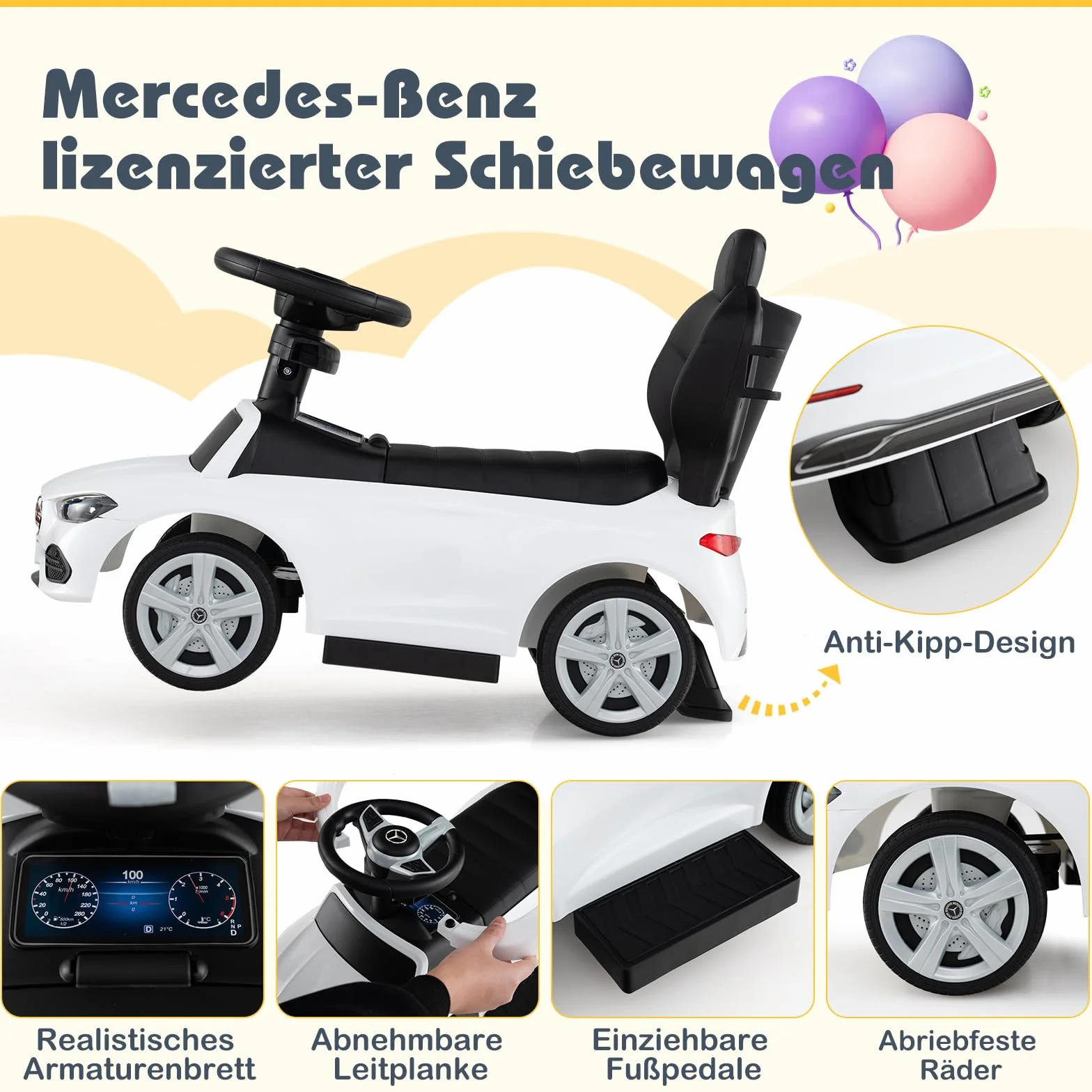 COSTWAY Mercedes-Benz samochód ślizgowy 3 w 1 z uchwytem przesuwnym, schowkiem i suwakiem kierownicy, samochód przesuwny z klaksonem i dźwiękiem, dla dzieci od 1 roku życia (biały)
