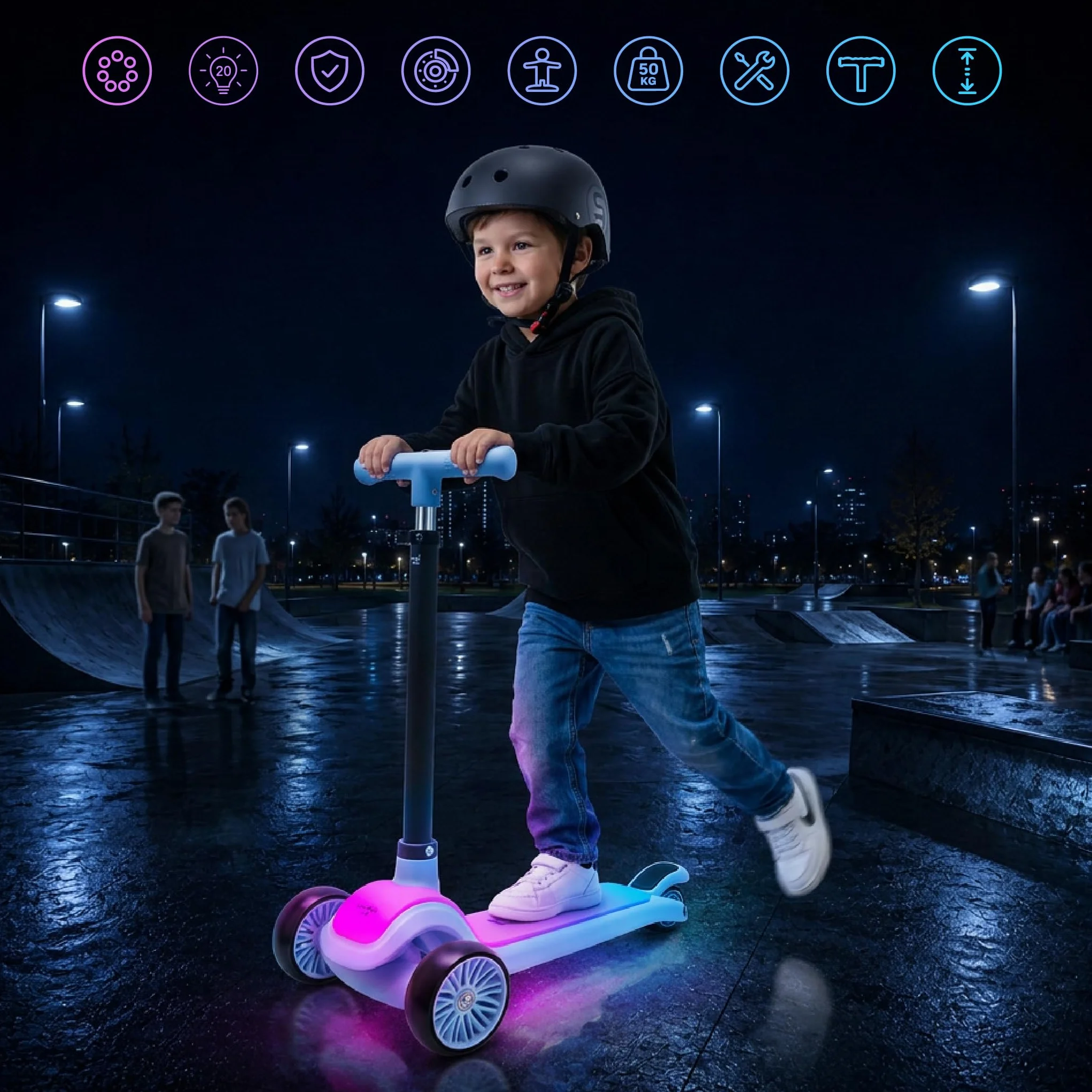 LUMI RIDE Hulajnoga Trójkołowa dla dzieci LED 3+, Balansowa, Składana, Regulowana Kierownica, Hamulec Nożny, Antypoślizgowy Podest, Wyjmowana Kierownica