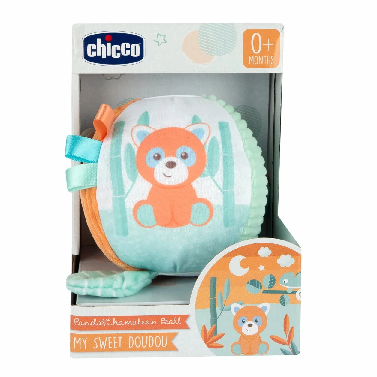 Chicco My Sweet Doudou Panda & Chameleon Piłka, Miękka Piłka z Różnych Tkanin, z Brzęczeniem, Aktywności Manualne, Zabawki dla Niemowląt, Zabawa dla Maluchów, 0 miesięcy+