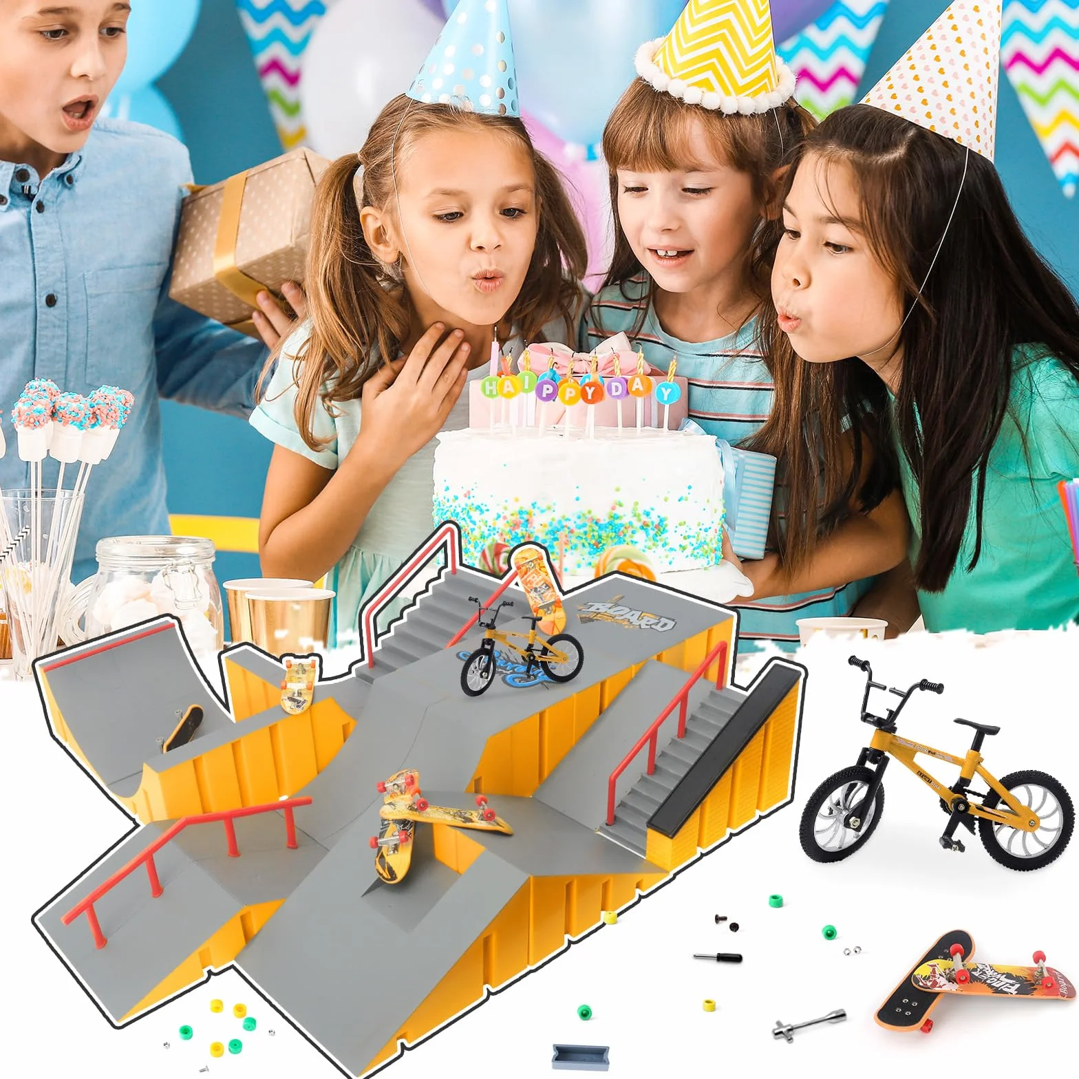 Tlater Mini Finger Deskorolka Zestaw Park Kits, 14 w 1, deskorolka z 14 rampami, 8 podkładkami na palec, 1 rower na palec, zabawka edukacyjna DIY, prezent dla dzieci