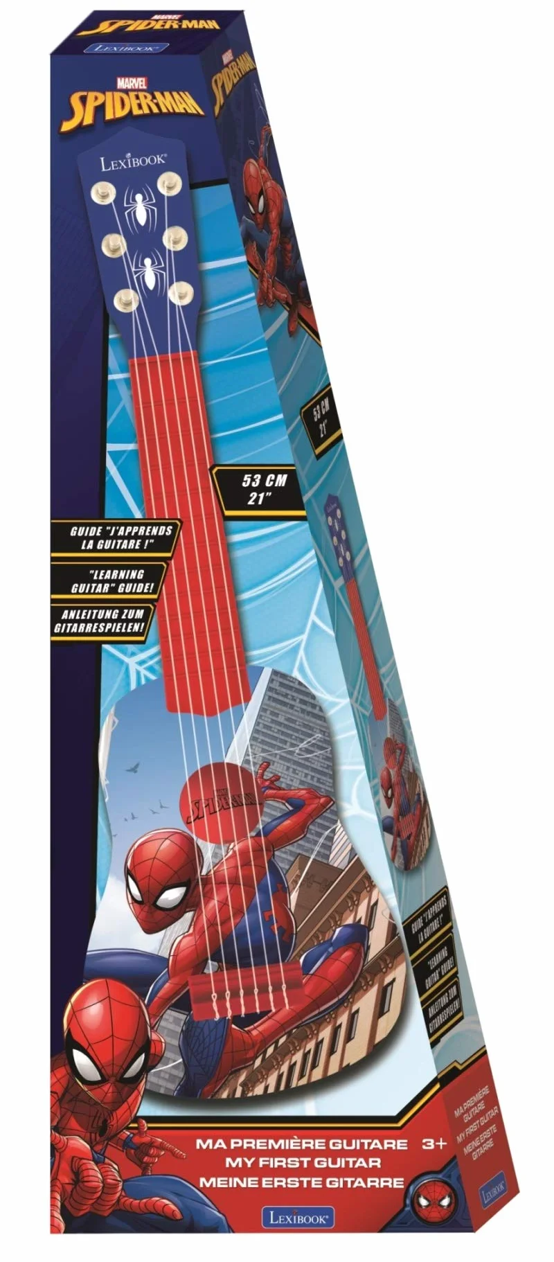 LEXIBOOK K200SP Marvel Spider-Man Peter Parker My First Guitar, 6 strun nylonowych, 53 cm, przewodnik edukacyjny w zestawie, niebieski/czerwony
