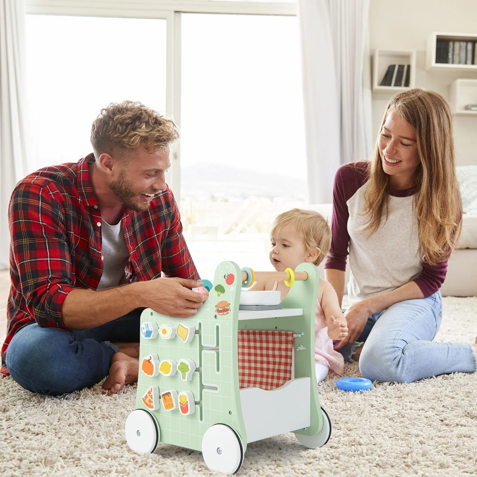 COSTWAY Drewniany wózek do nauki chodzenia 6 w 1, pomoc w nauce chodzenia z kuchnią do zabawy, zegarem do nauki, dopasowaniem kształtu i ruchomym suwakiem, kuchnia dziecięca Baby Walker z kółkami, dla