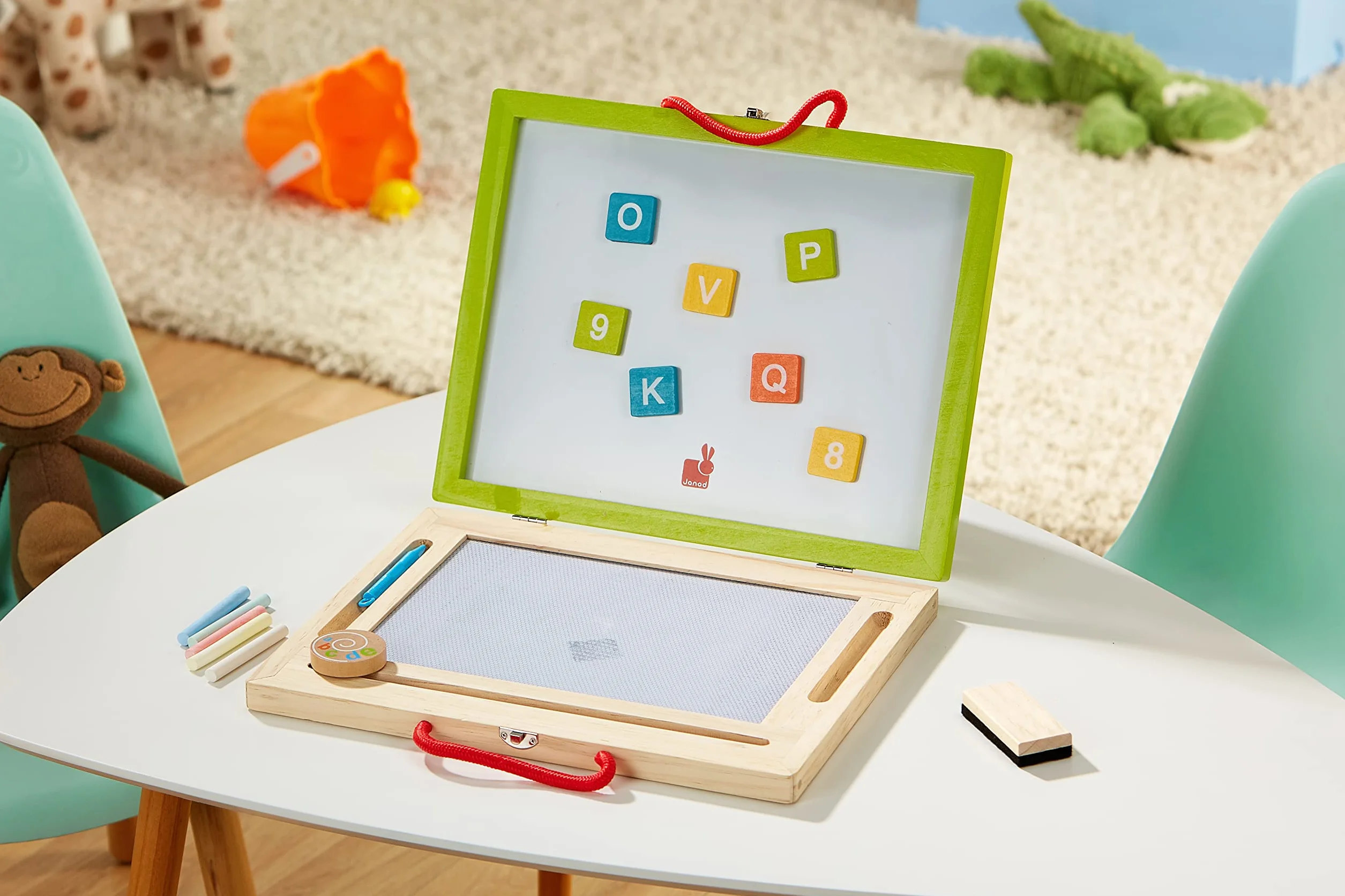 Janod - Children's Wooden 4-In-1 Board - Multi-Activity Magic Slate - Accessories and 42 Magnets Included - Learning to Read and Write - from 3 Years Old, J05014