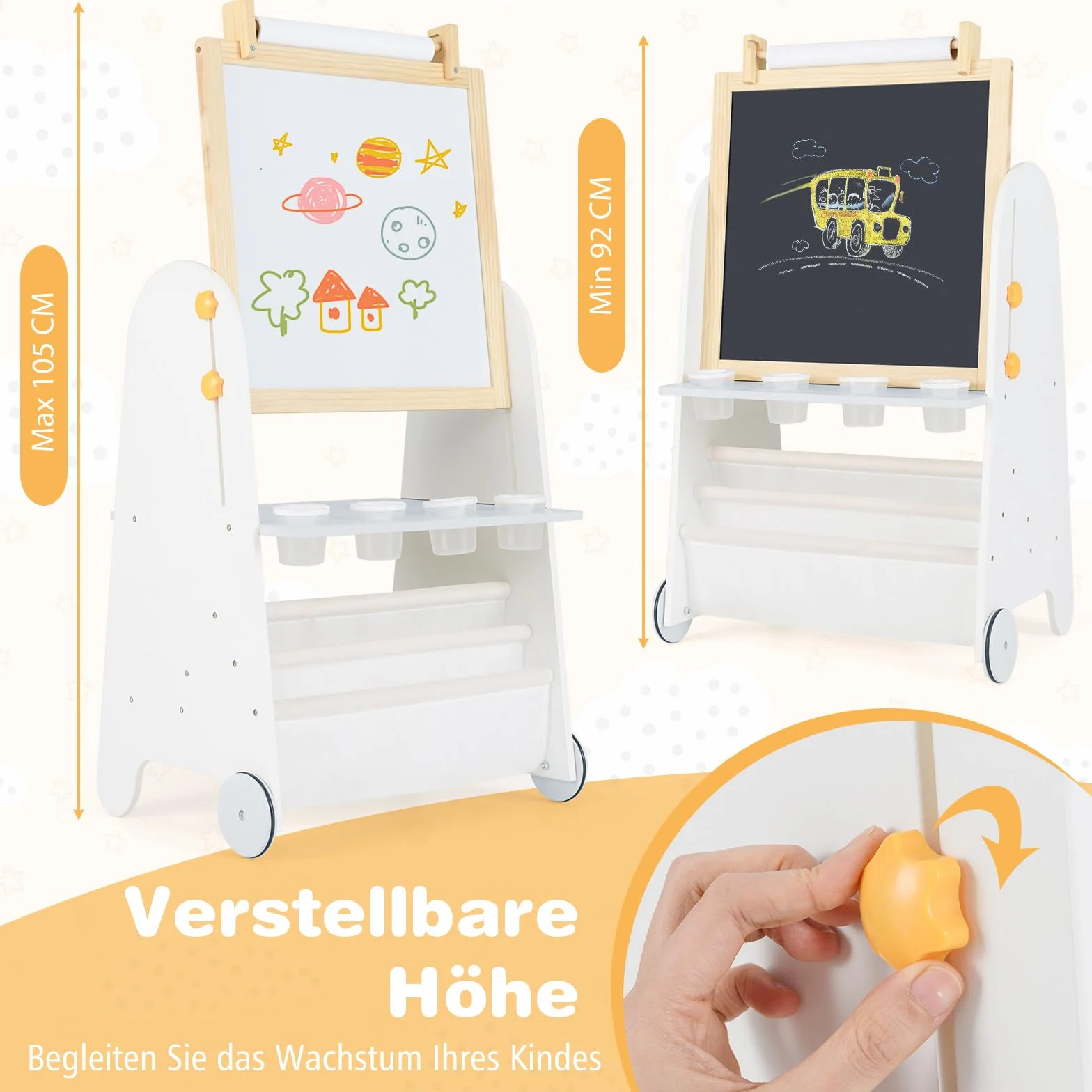 COSTWAY Sztaluga dziecięca z taboretem, tablica dziecięca 4 w 1, tablica magnetyczna, tablica szkolna, regał na książki, tablica stojąca w zestawie rolka papieru i akcesoria, sztaluga dla dzieci od 3