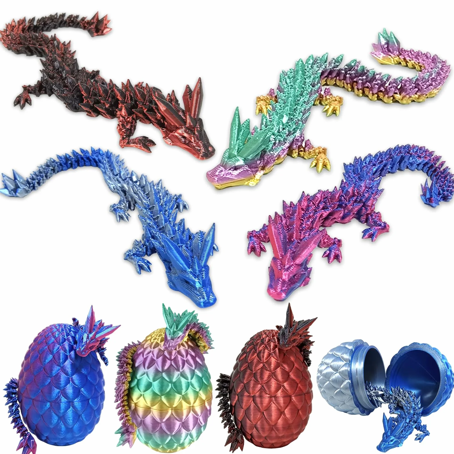3D Drukowane Smoki w Jaju, 4-pakt 3D Drukowane Jajo Smoka z Smokiem Wewnątrz Styczna Figurka Smoka z Kryształu, Wypełniacze na Wiosenny Kosz, 3D Drukowana Zabawka do Rozgryzania na Boże Narodzenie