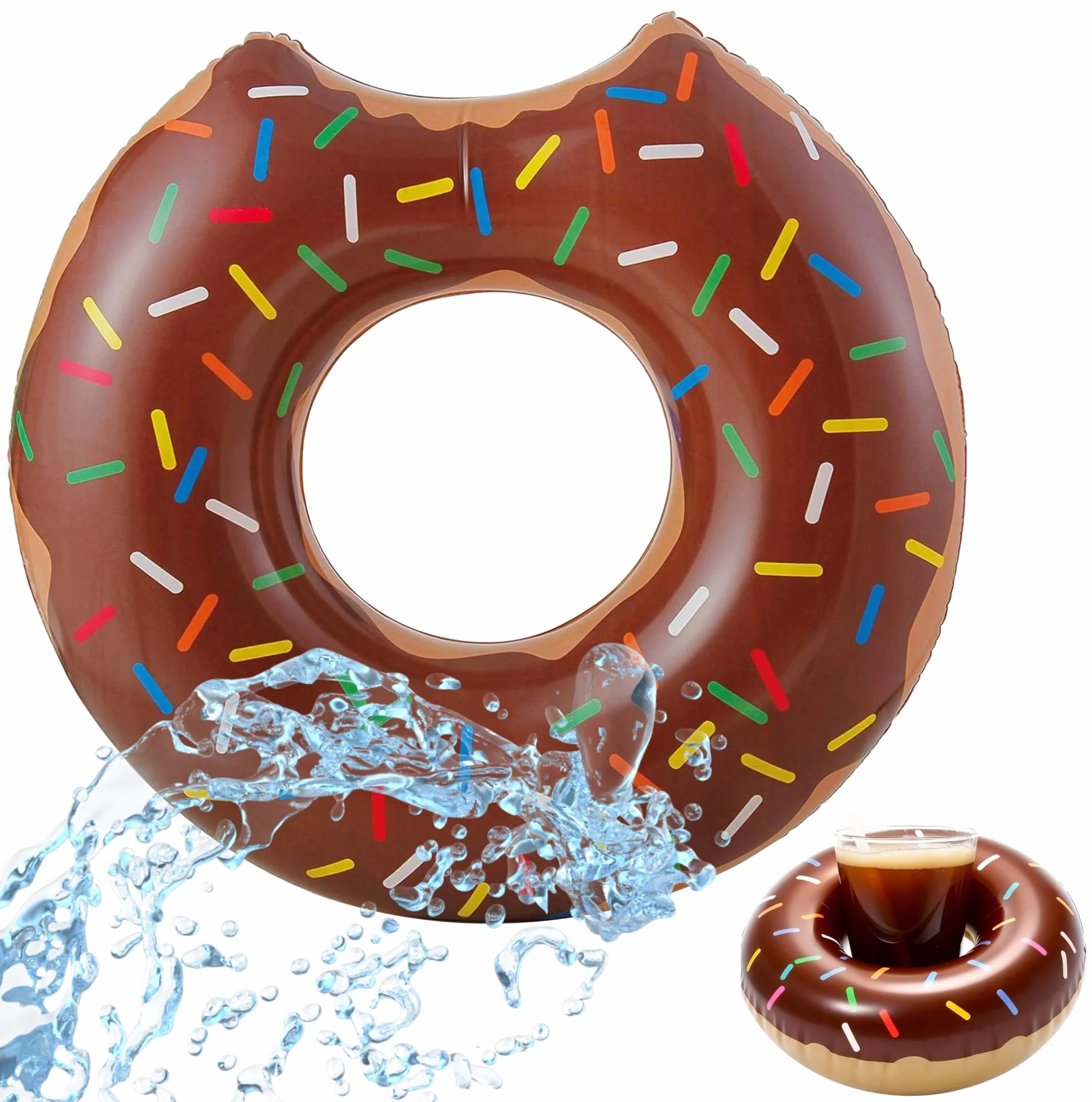 TK Gruppe Timo Klingler dmuchany donut do pływania o średnicy 120 cm + dmuchany uchwyt na napoje, dmuchane koło nad wodę, dla dorosłych i dzieci
