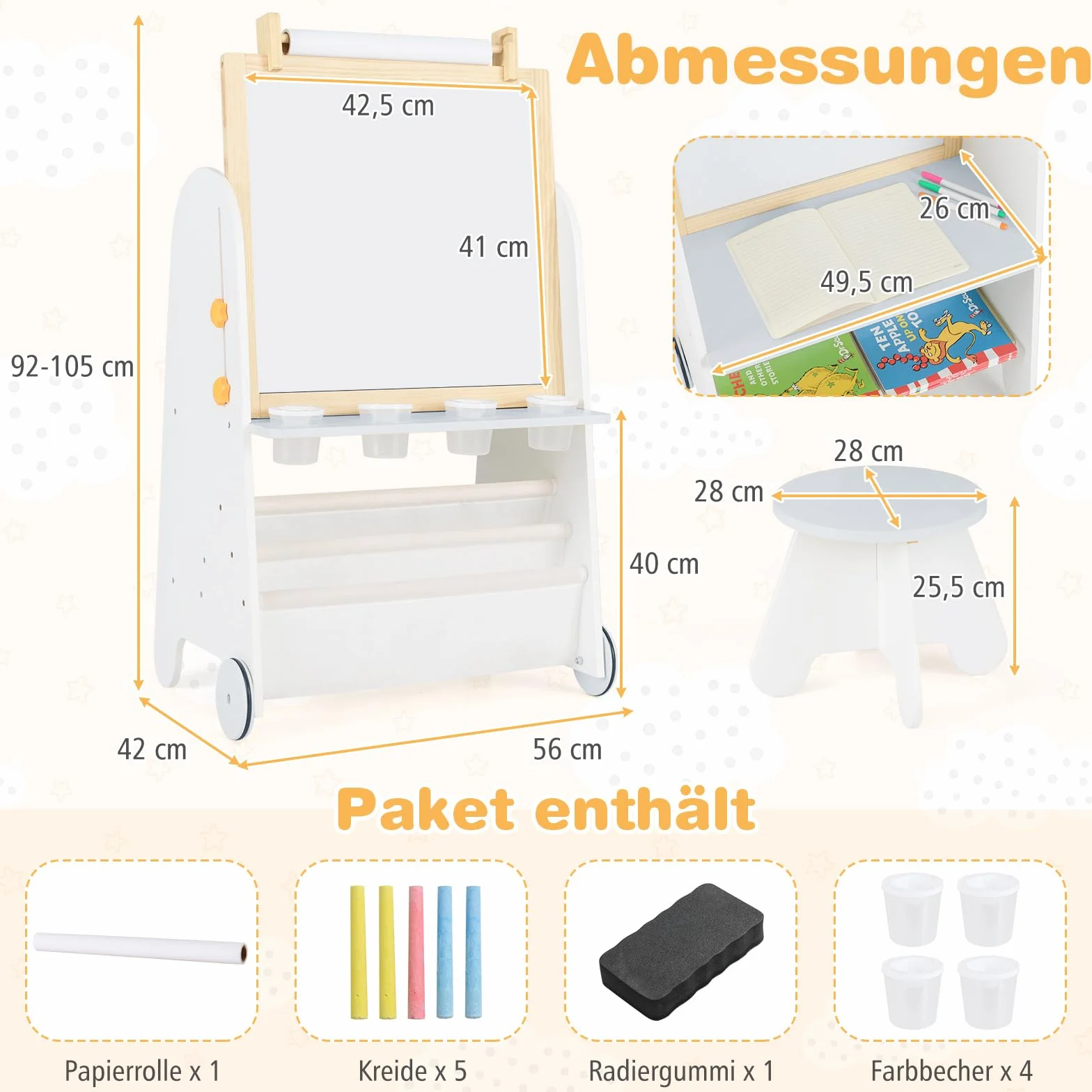 COSTWAY Sztaluga dziecięca z taboretem, tablica dziecięca 4 w 1, tablica magnetyczna, tablica szkolna, regał na książki, tablica stojąca w zestawie rolka papieru i akcesoria, sztaluga dla dzieci od 3