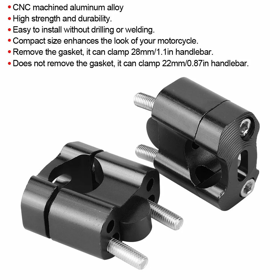 Para 22mm/28mm 1/8 Cala 7/8 Cala Zaciski do Mocowania na kierownicę Motocykla Adapter Podwyższający CNC Stop Aluminium, łatwy w Montażu Bez Wiercenia i Spawania (BLACK)