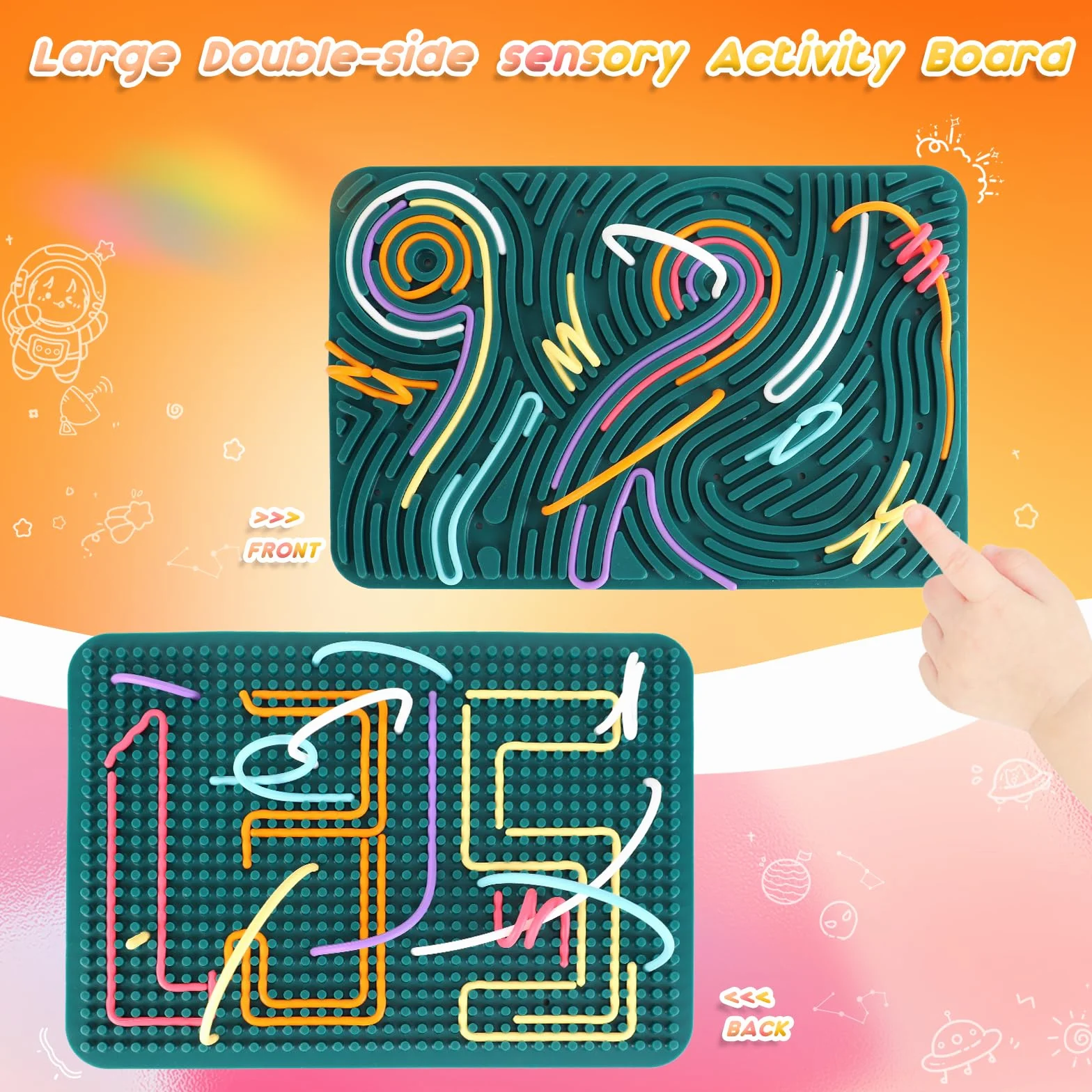 ddLUCK Large Sensory Activity Board, 20 x 29,5 cm Silikonowa podwójna zabawka sensoryczna dla autyzmu i ADHD, stres, lęk, dzieci w wieku od 3 lat i dorosłych, z torbą podróżną i 40 strunami