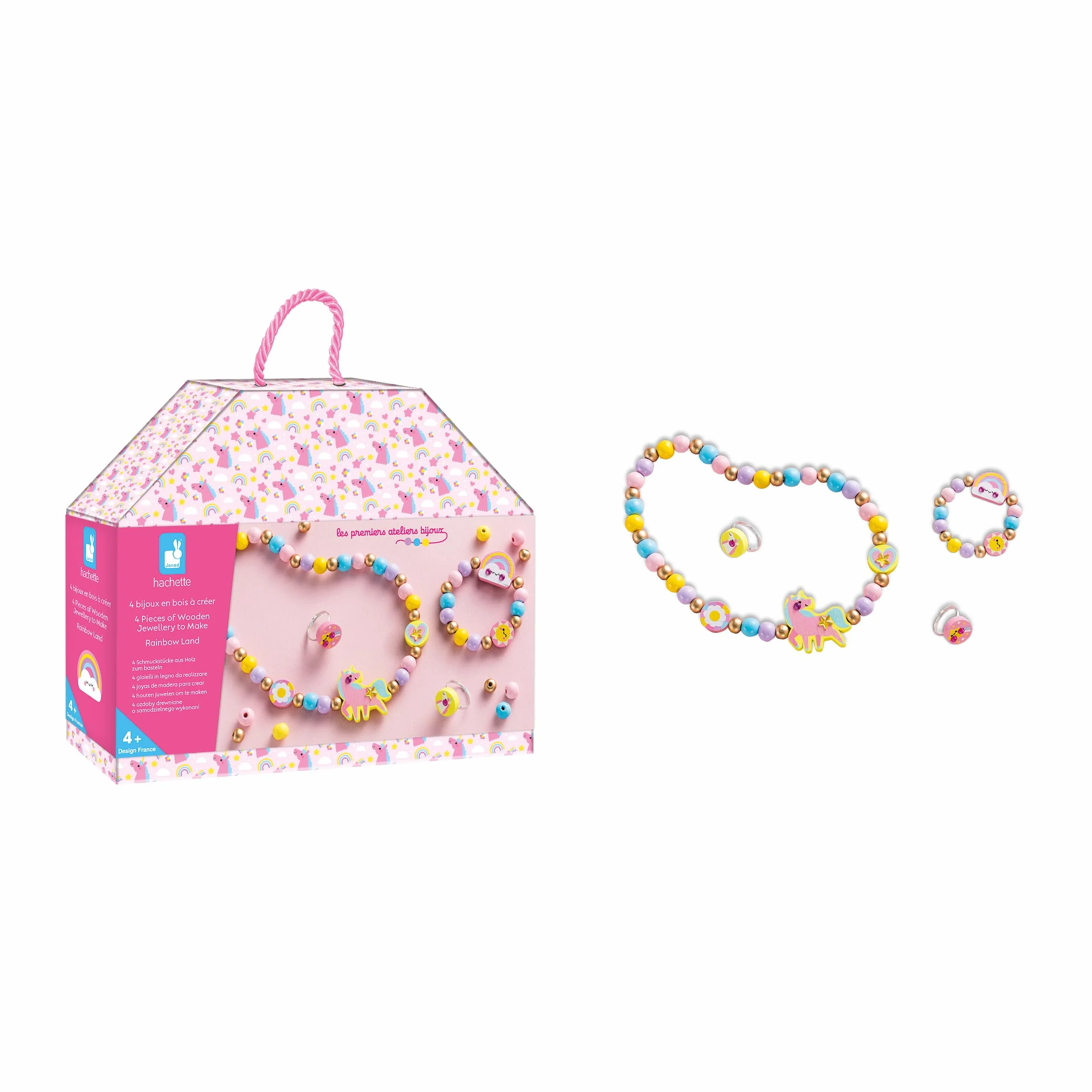 Janod - 4 drewniane elementy biżuterii do stworzenia Rainbow Land - pierwsze warsztaty jubilerskie - tworzenie biżuterii DIY - zestaw do kreatywnego spędzania wolnego czasu dla dzieci - nauka