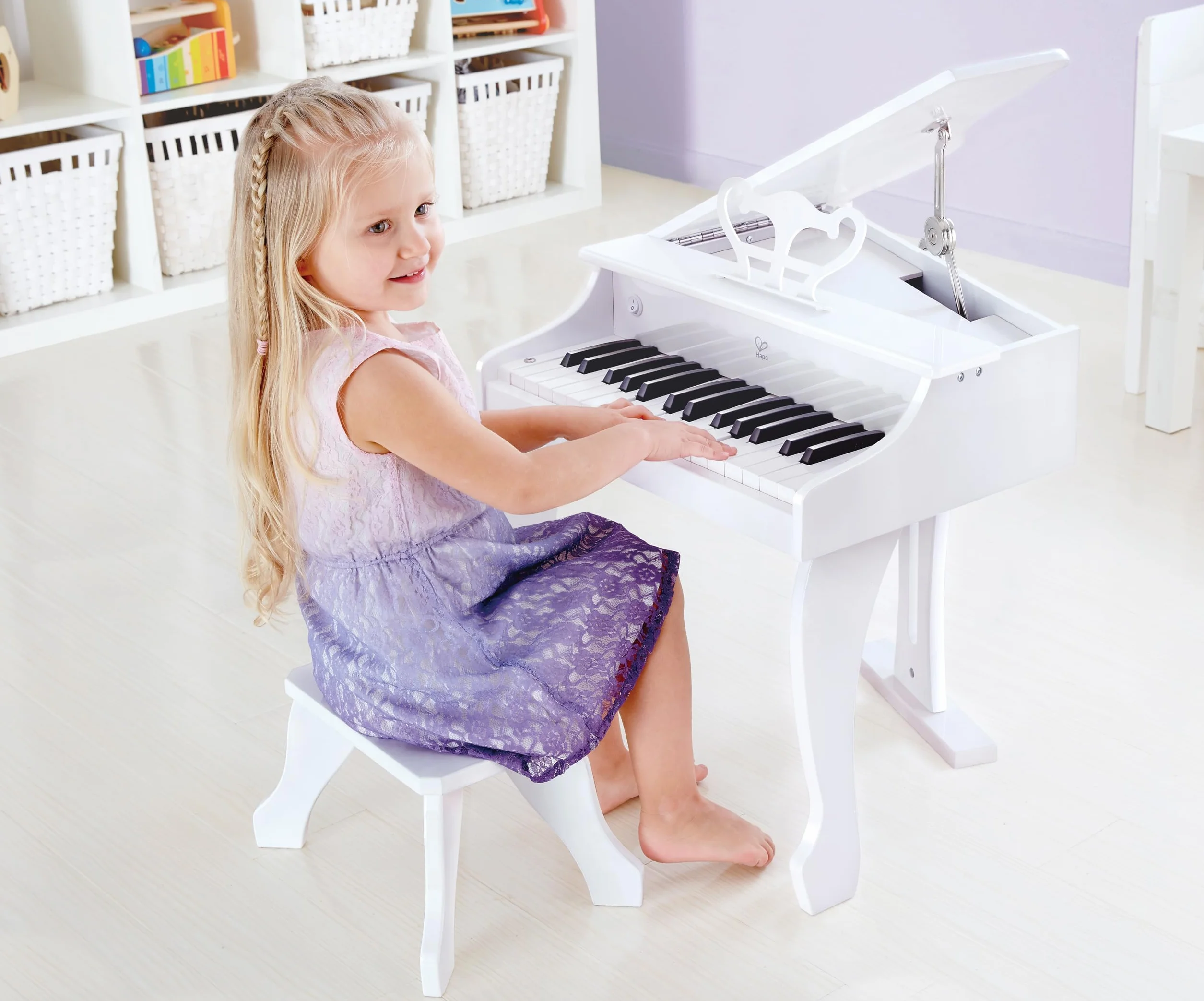 Hape Deluxe White Grand Piano, Thirty-Key Piano Toy with Stool, Electronic Keyboard Musical Toy Set for Kids 3 Years+
