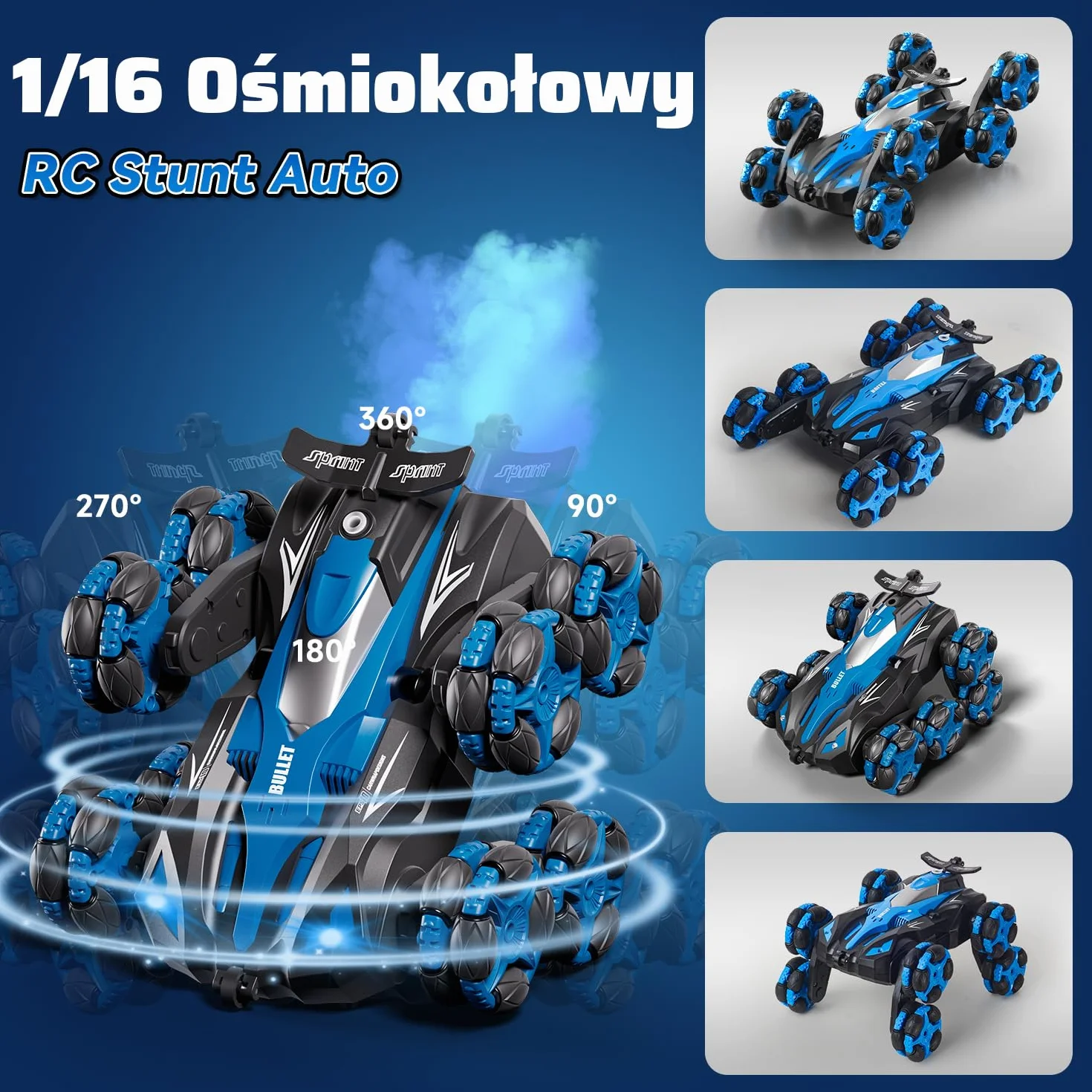 Zdalnie Sterowany Samochód Akrobacyjny 1:16 dla Dzieci 6+, 8 Kół, Sterowanie Gestami 2.4 GHz, Światła LED, Mgła i Muzyka - Zabawka RC dla Chłopców i Dziewczynek 6-10 Lat (Niebieski)