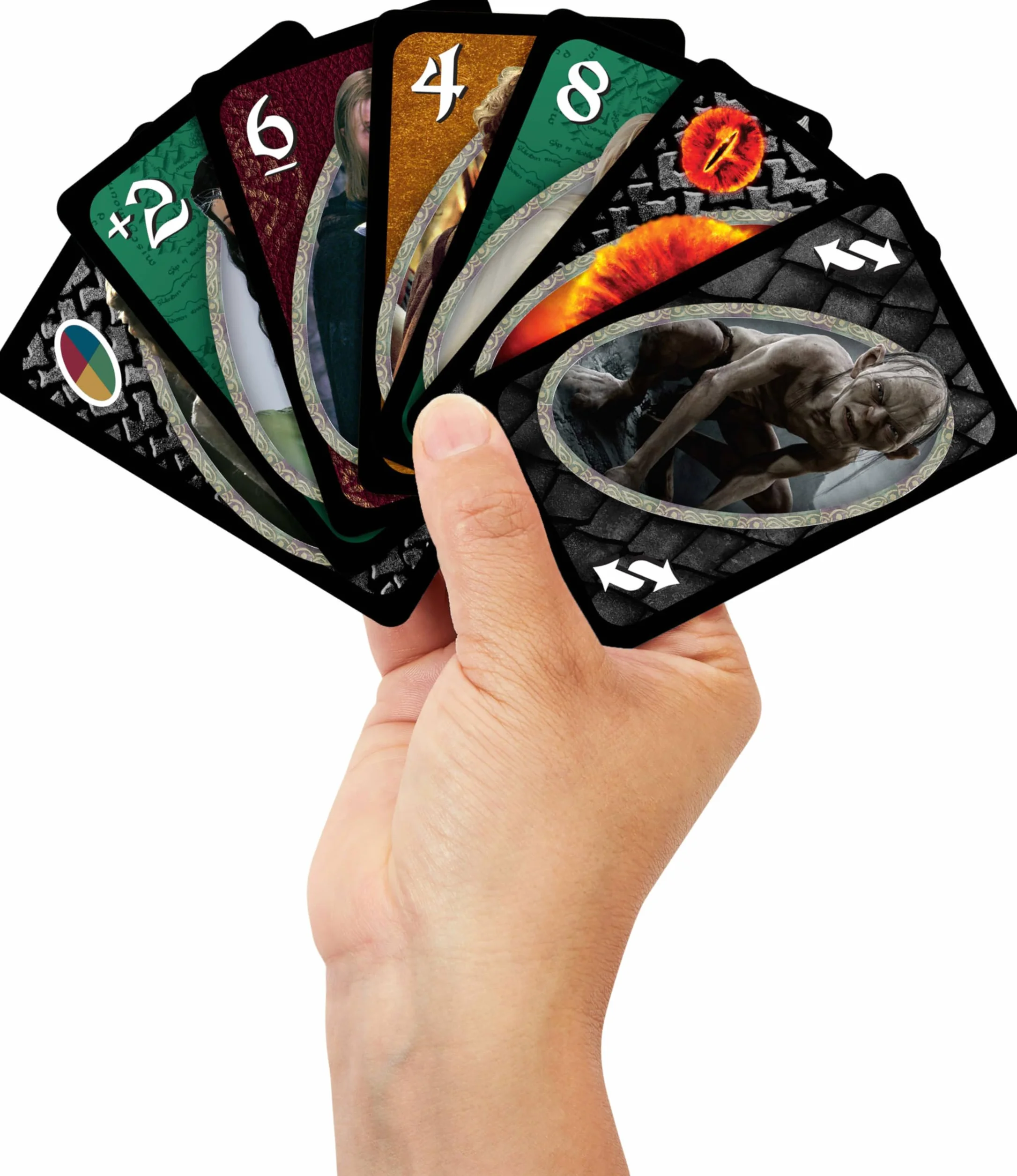 Mattel Karty UNO Lord of the Rings Władca Pierścieni Towarzyska i rodzinna gra karciana na wieczór gier, podróż i imprezę, dla fanów, dorosłych i dzieci 7+, gra kolekcjonerska, JMF13