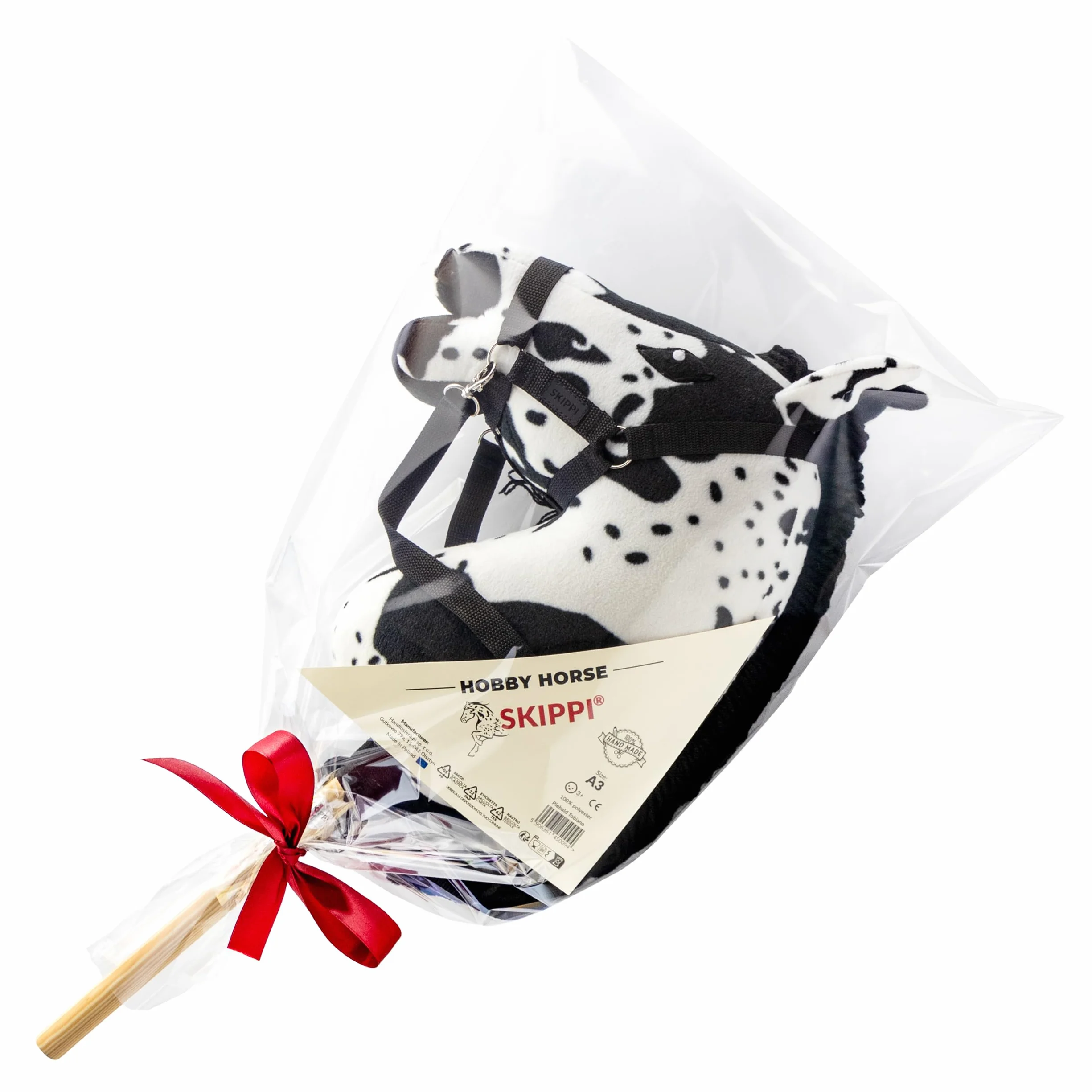 SKIPPI Hobby Horse Karo-srokaty, Biało Czarny Koń na Kiju, Łaciaty Konik na Patyku, Duży A3, Biały Koń w Łaty, Kantar i Wodze w Zestawie, prezent dla Dziewczynki, dla Dziecka