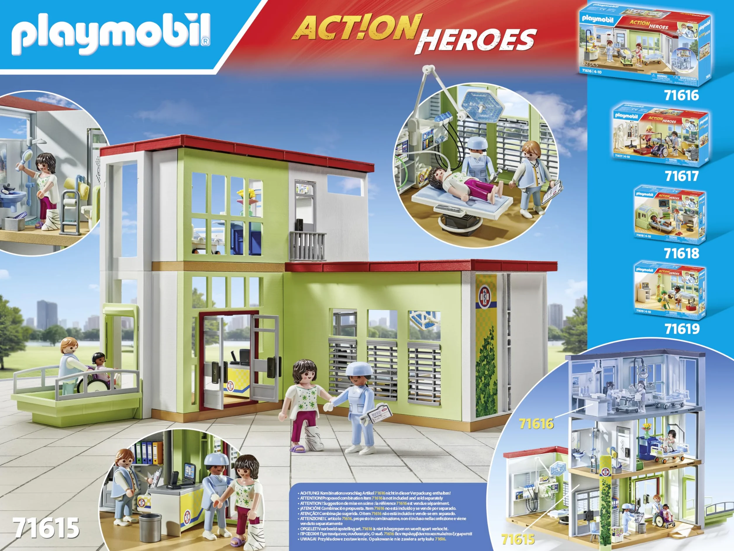 PLAYMOBIL Action Heroes 71615 Nowoczesny szpital, wyprodukowane średnio w w ponad 80% z materiałów pochodzących z recyklingu i materiałów ekologicznych, zestaw dla dzieci od 4 roku życia