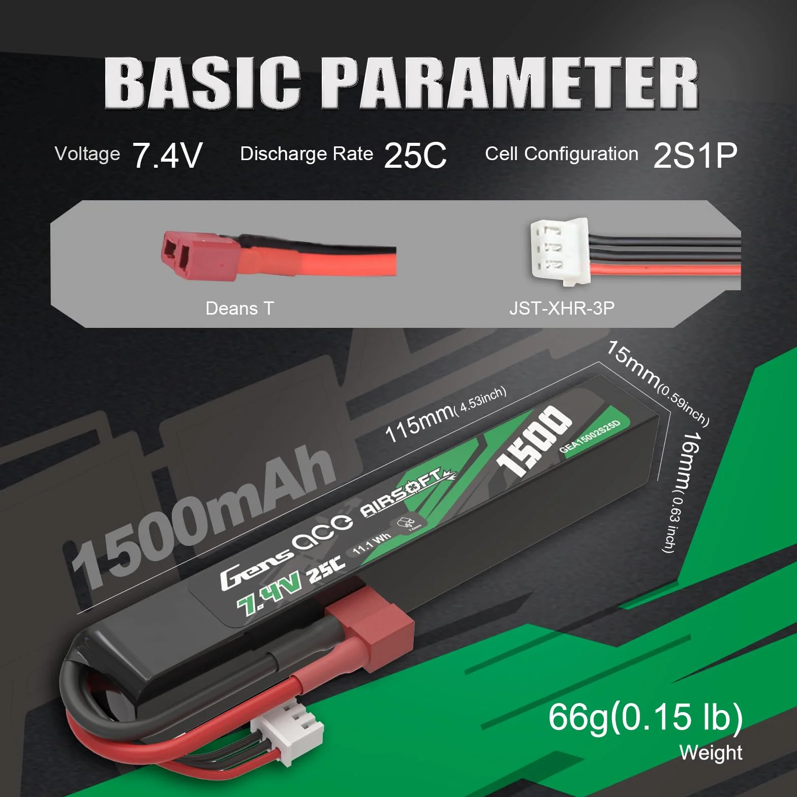 Gens ace Akumulator LiPo 2S 1500 mAh 25C 7,4 V LiPo z wtyczką Deans T, pasuje do modeli RC i trzonków LE