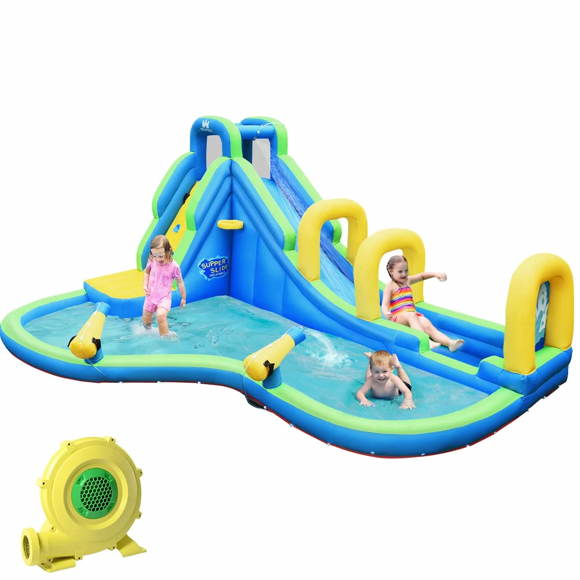 COSTWAY Bouncy Castle, zjeżdżalnia wodna, basen do zabawy, nadmuchiwany park wodny, basen do pływania 478 x 366 x 242 cm (zamek z dmuchawą)