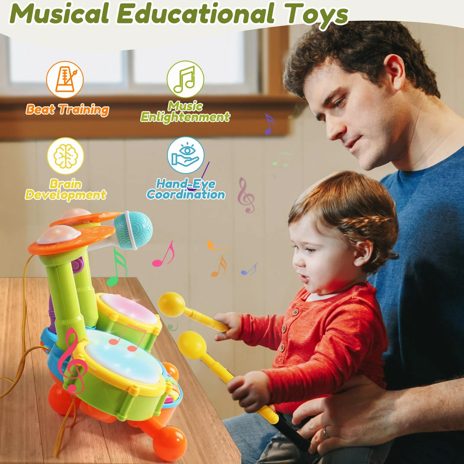 Bęben Zabawka dla niemowląt 1 rok - Instrumenty muzyczne Gry dla dzieci 1, 2, 3 lata, pomysł na prezent dla dzieci, 1, 2, 3 lata, dla niemowląt, dziewczynek, chłopców, 3 w 1
