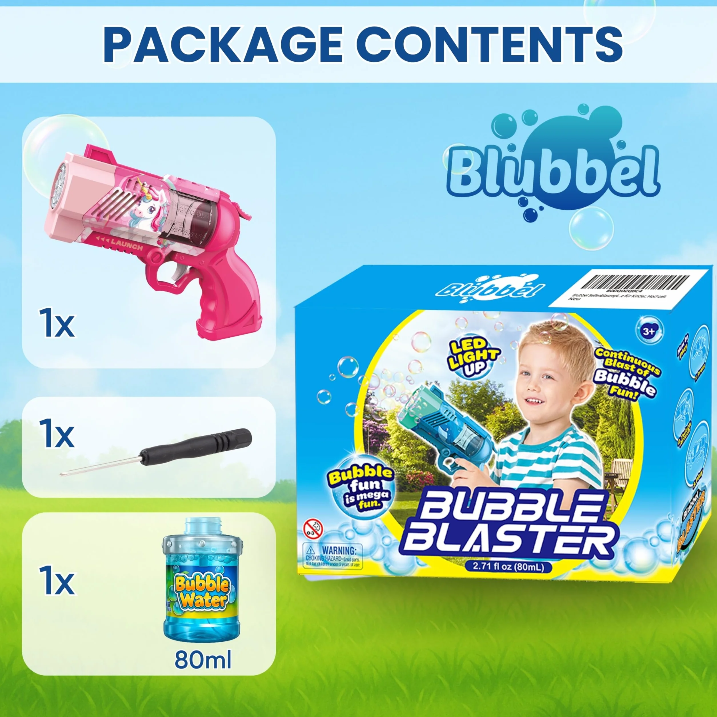 Blubbel Pistolet do Baniek, Maszyna z LED, Zbiornik 80ml, Armata Bańkowa, Powietrzna Bazooka, Prezent dla Dzieci, Na Wesele