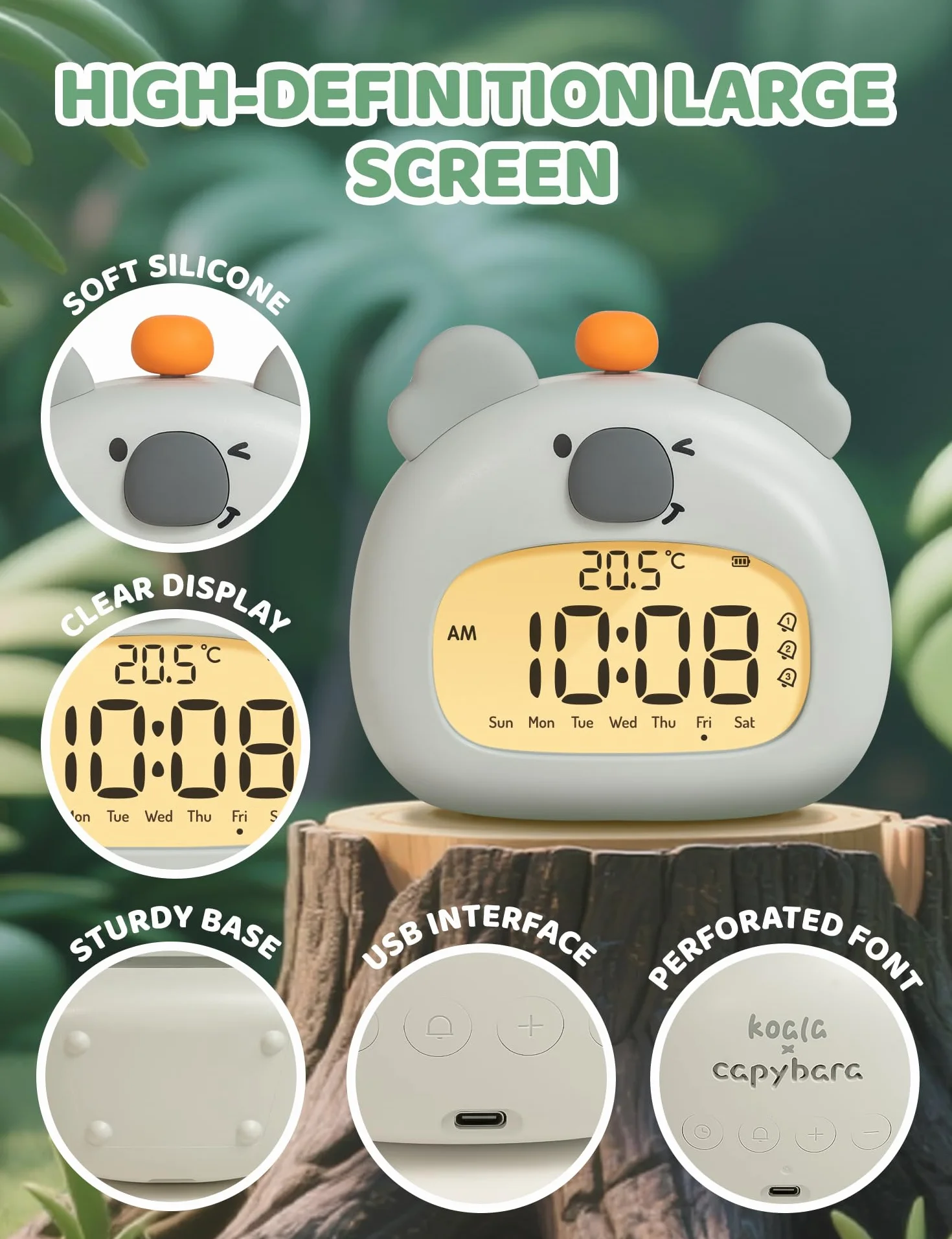 IHALO Koala budzik dziecięcy, stolik nocny z koala, cyfrowy wyświetlacz LED, 3,15 cala, trzy alarmy, tryb weekendowy, data, godzina, temperatura, możliwość ponownego ładowania, dekoracja do pokoju