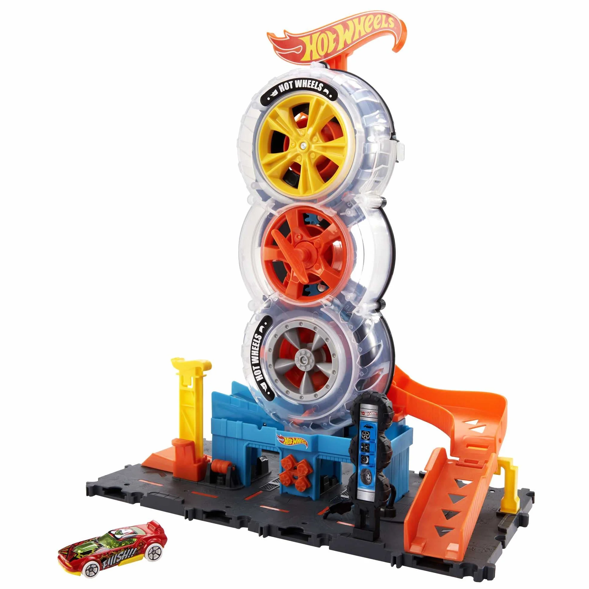 Hot Wheels City Wyścigowy Warsztat opon, zestaw do zabawy z 1 pojazdem Hot Wheels, zakręć kluczem, aby przewozić samochodziki po warsztacie, prezent dla dzieci od 4 do 8 lat, HDP02