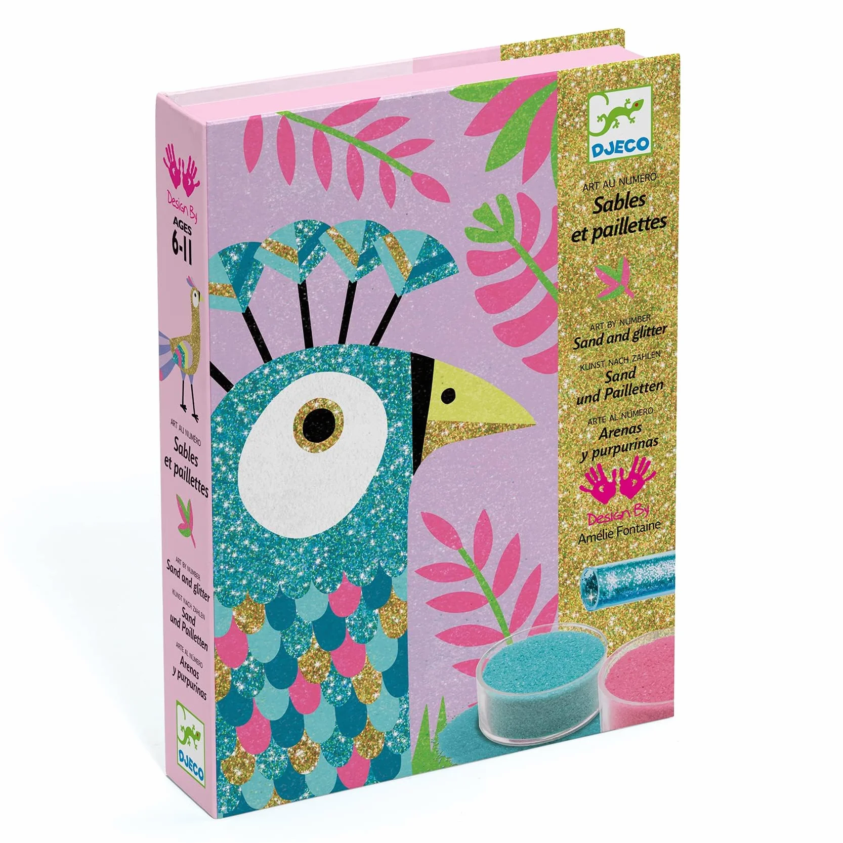 Djeco DJ08663 kreatywny zestaw obrazów z piaskiem Dazzling Birds z brokatowym piaskiem, 6 lat+, wielokolorowy