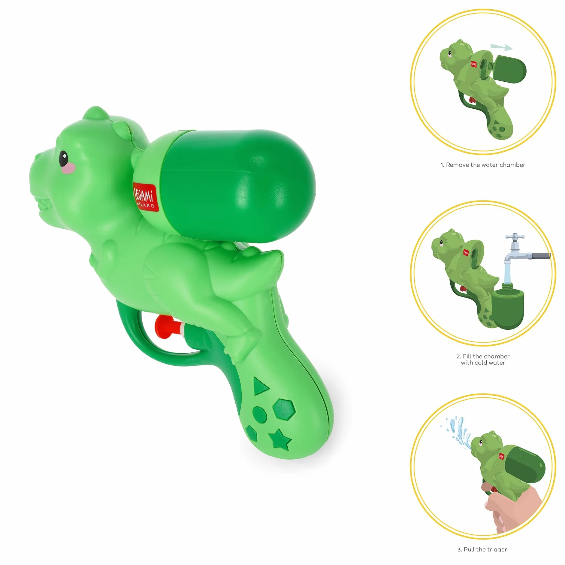 Legami - Mały pistolet na wodę, mini pistolet na wodę, pistolet wodny Dino, strumień 2,5 metra, idealny na chłodną imprezę, pojemność 50 ml, pistolet ogrodowy dla dzieci dorosłych