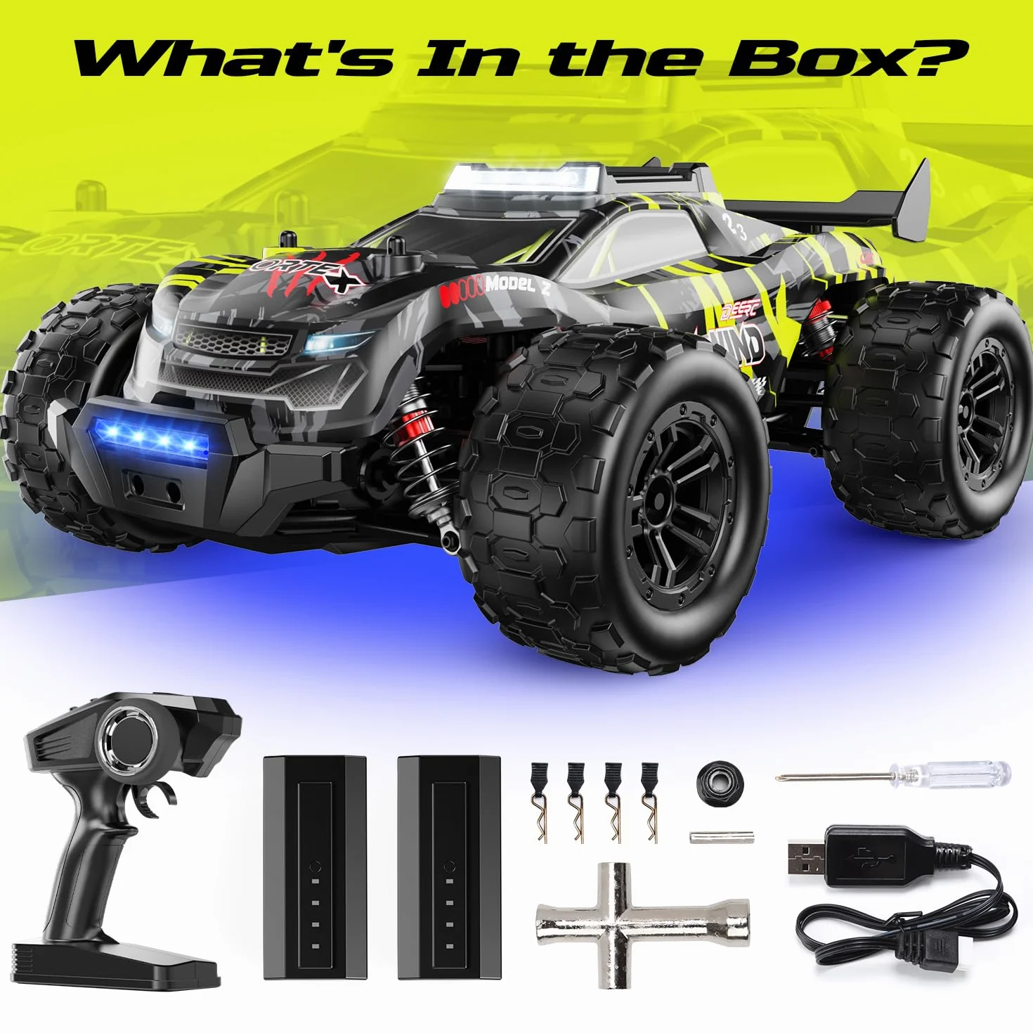 DEERC 1:14 bezszczotkowy zdalnie sterowany samochód dla dorosłych, 43 MPH 4WD offroadowy z 7-kolorowymi diodami LED, metalowe amortyzatory, 2 akumulatory 7,4 V, napęd metalowy, 3 tryby świecenia