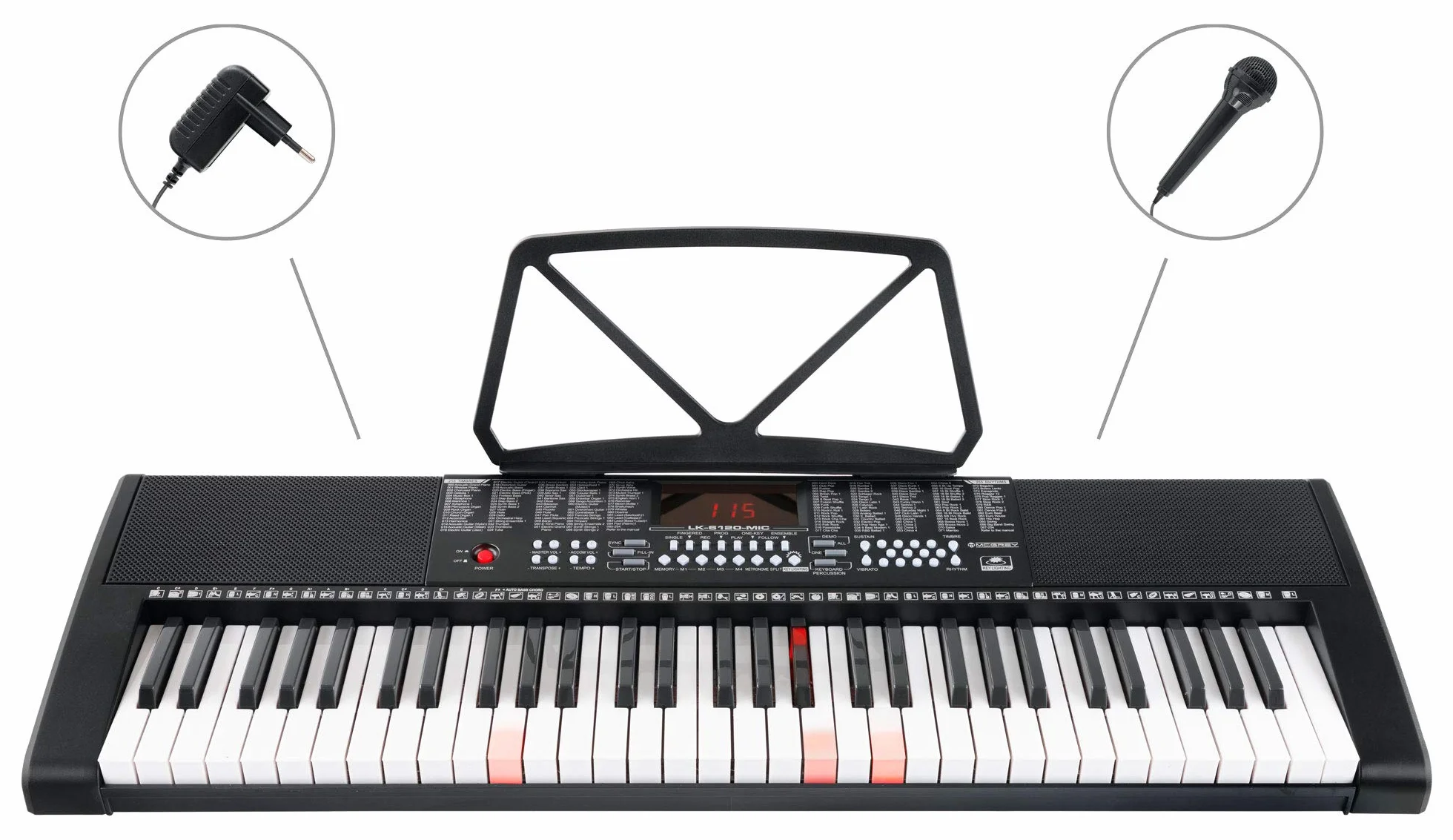 McGrey LK-6120-MIC Keyboard – klawiatura dla początkujących z 61 przyciskami świecącymi – 255 dźwięków i 255 rytmów – 50 utworów demo – w zestawie mikrofon – czarna