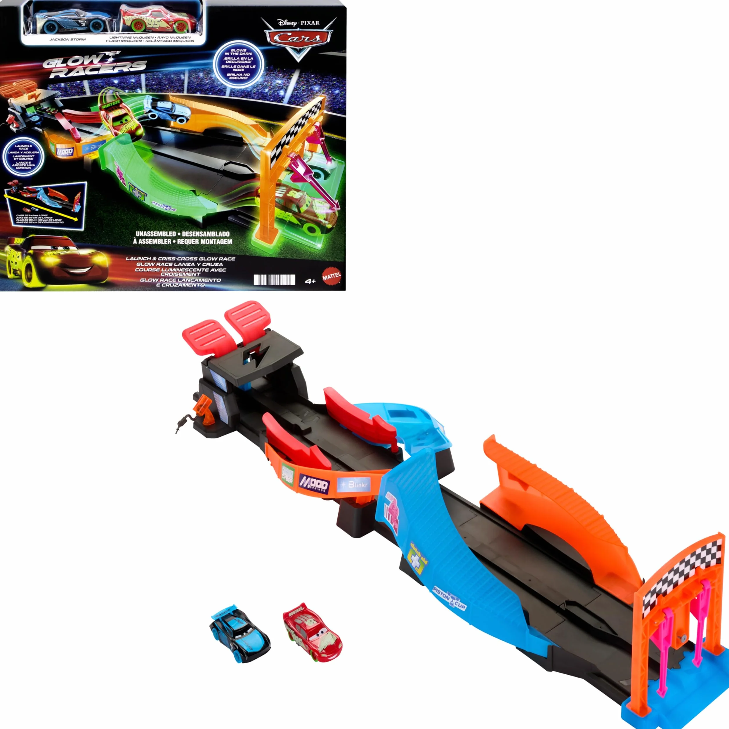 Mattel Cars Auta Glow Racers Nocny wyścig Tor świecący w ciemności Zestaw z 2 pojazdami świecącymi w ciemności (Zygzak McQueen i Jackson Sztorm) HPD80