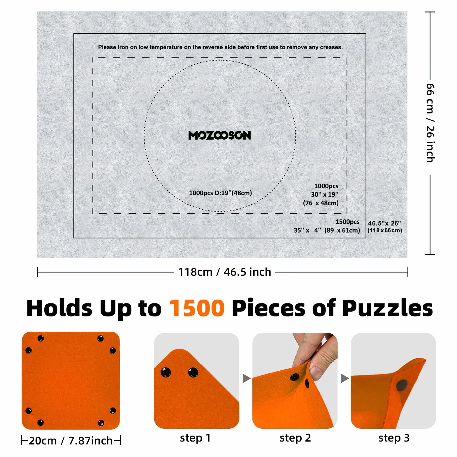 MOZOOSON Mata do układania, przenośna mata do puzzli, mata do puzzli, dla dorosłych, 1000, 1500 sztuk z pompką (szara)