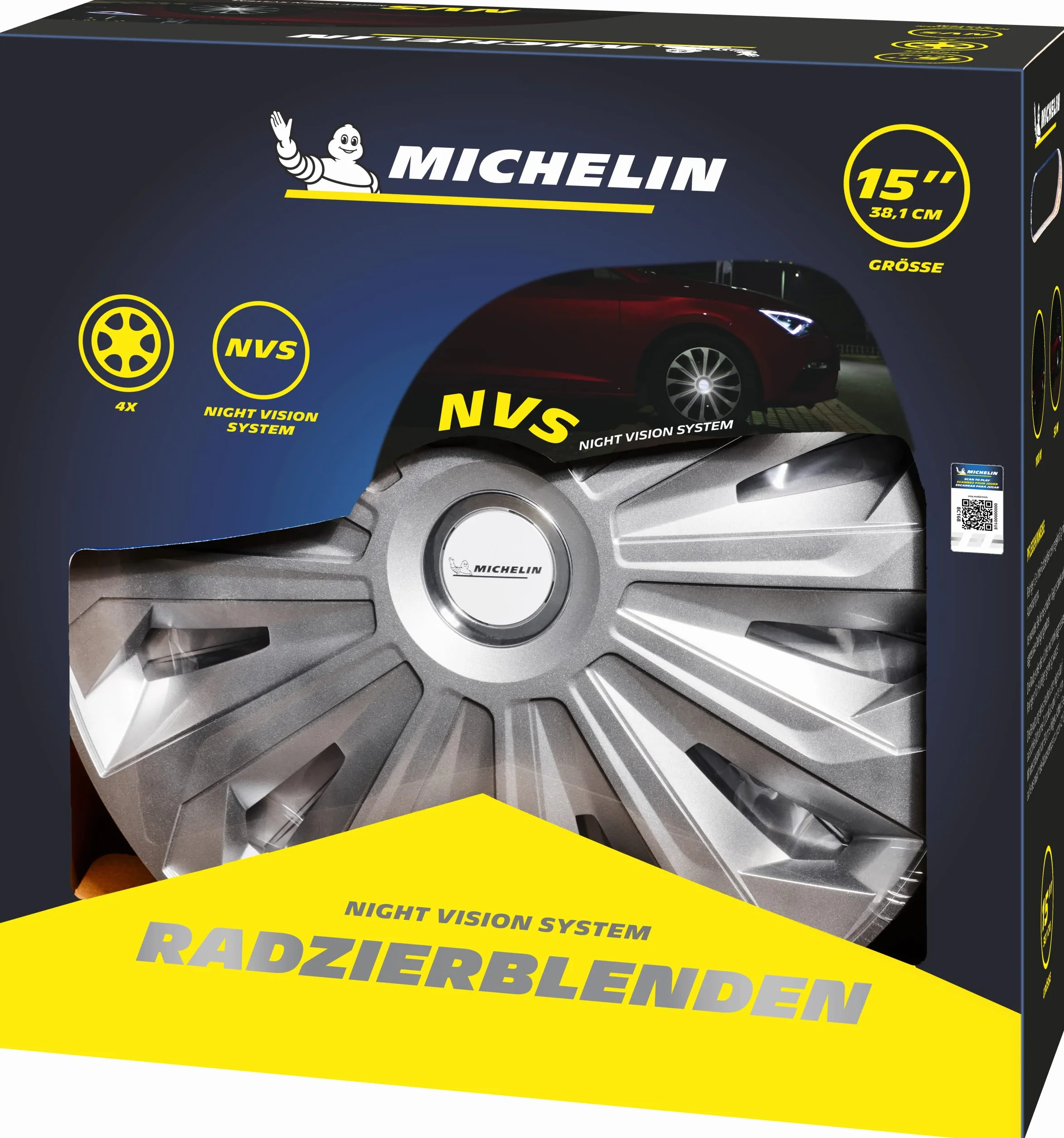 MICHELIN Uniwersalne kołpaki ozdobne MX-MS 15 cali, zestaw 4 sztuk, do samochodu, tworzywo sztuczne ABS, srebrne, z chromowanym pierścieniem