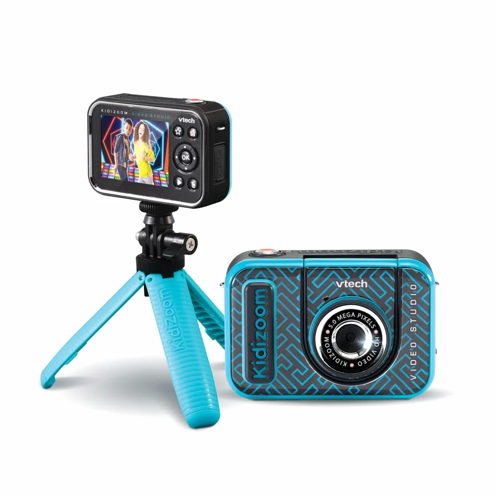 VTech - KidiZoom Video Studio HD, aparat cyfrowy dla dzieci, fotografia, selfie, wideo HD, kolorowy ekran ze statywem i zielonym tłem, prezent dla dzieci w wieku od 5 lat do 12 lat - Zawartość w