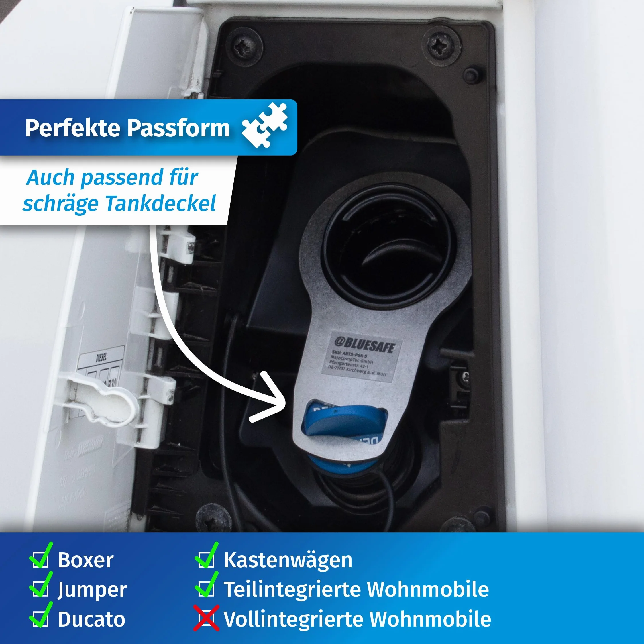MaJoCompTec® ADBLUESAFE Zabezpieczenie korka wlewu paliwa, zabezpieczenie wlewu paliwa AdBlue, akcesoria do samochodów kempingowych (wersja ze stali nierdzewnej, bezpiecznik Boxer + Jumper + Ducato)