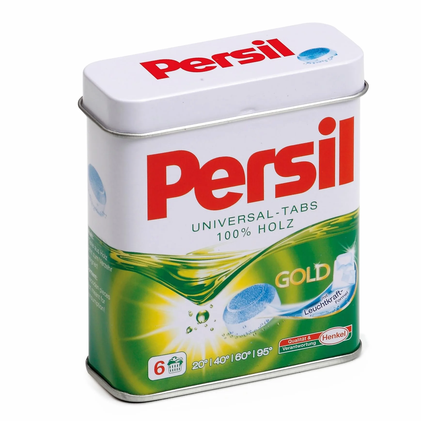 Erzi 21201 Persil tabletki do prania z drewna w puszce, artykuły sklepowe dla dzieci, odgrywanie ról