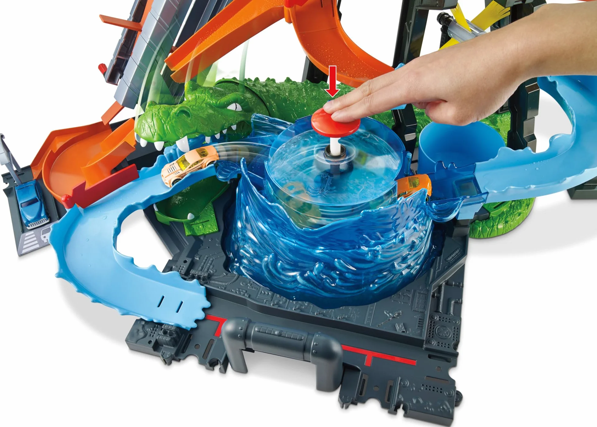 Hot Wheels City Myjnia samochodowa Atak krokodyla Zestaw do zabawy z funkcją zmiany kolorów samochodów Color Shifters, FTB67