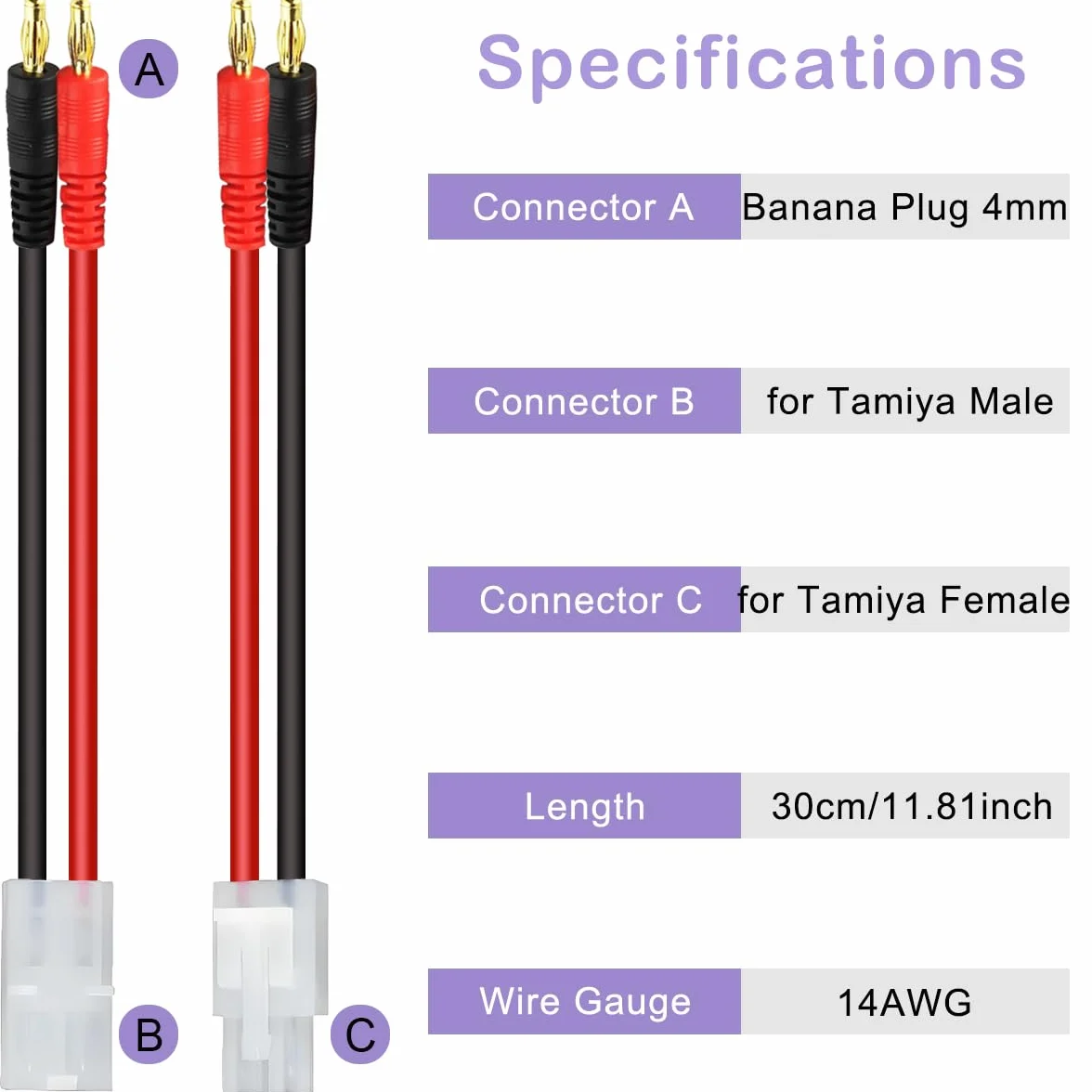 4 szt. Kabel do złącza bananowego Tamiya 4 mm Duży kabel adaptera do męsko-żeńskiego Tamiya do bananowego 4,0 mm 14 AWG, do drona RC FPV Samochód Ciężarówka Akumulator Quadcopter