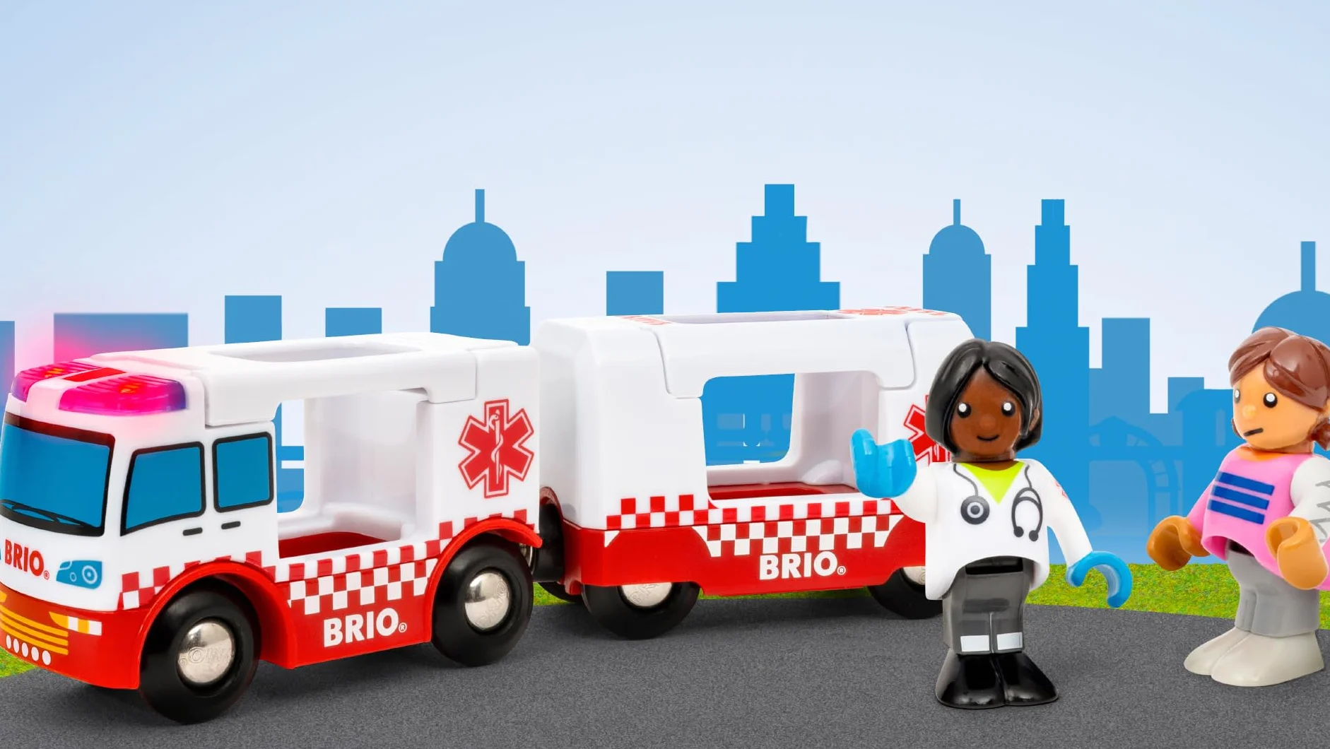 BRIO World Rescue zabawka pogotowia ratunkowego dla małych dzieci i dzieci w wieku od 3 lat, drewniany zestaw kolejowy, akcesoria i dodatki