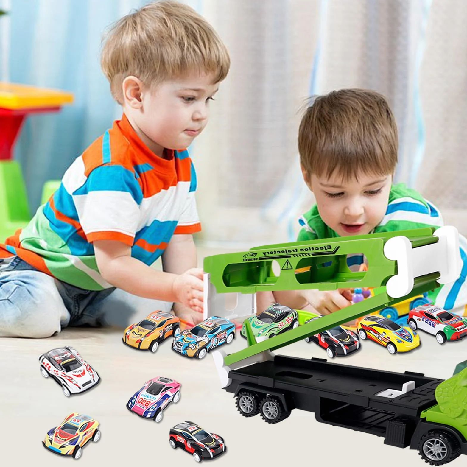 Zestaw 2 w 1 transporter dinozaurów z 12 metalowymi samochodzikami zabawkowymi, przenośny tor wyścigowy dinozaurów dla dzieci – zestaw samochodzików zabawkowych, ciężarówka transportowa i tor