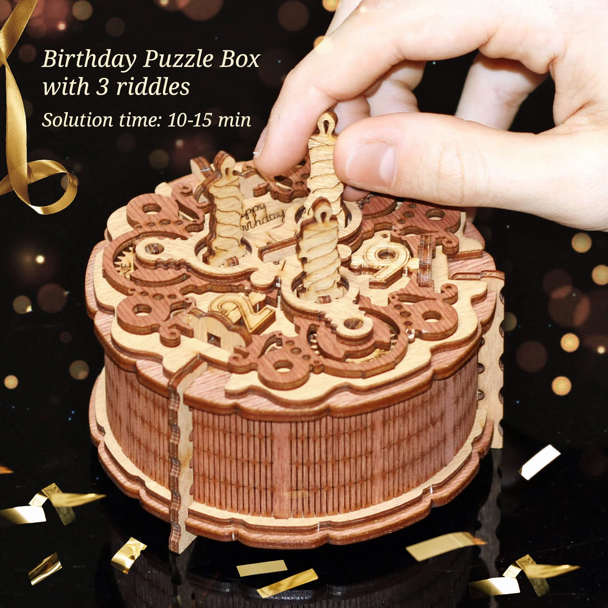 iDventure Happy Birthday Puzzle Pudełko. Spersonalizowany prezent urodzinowy. Mechaniczna skrzynia skarbów. 3D drewniane puzzle. Gra logiczna dla dorosłych.