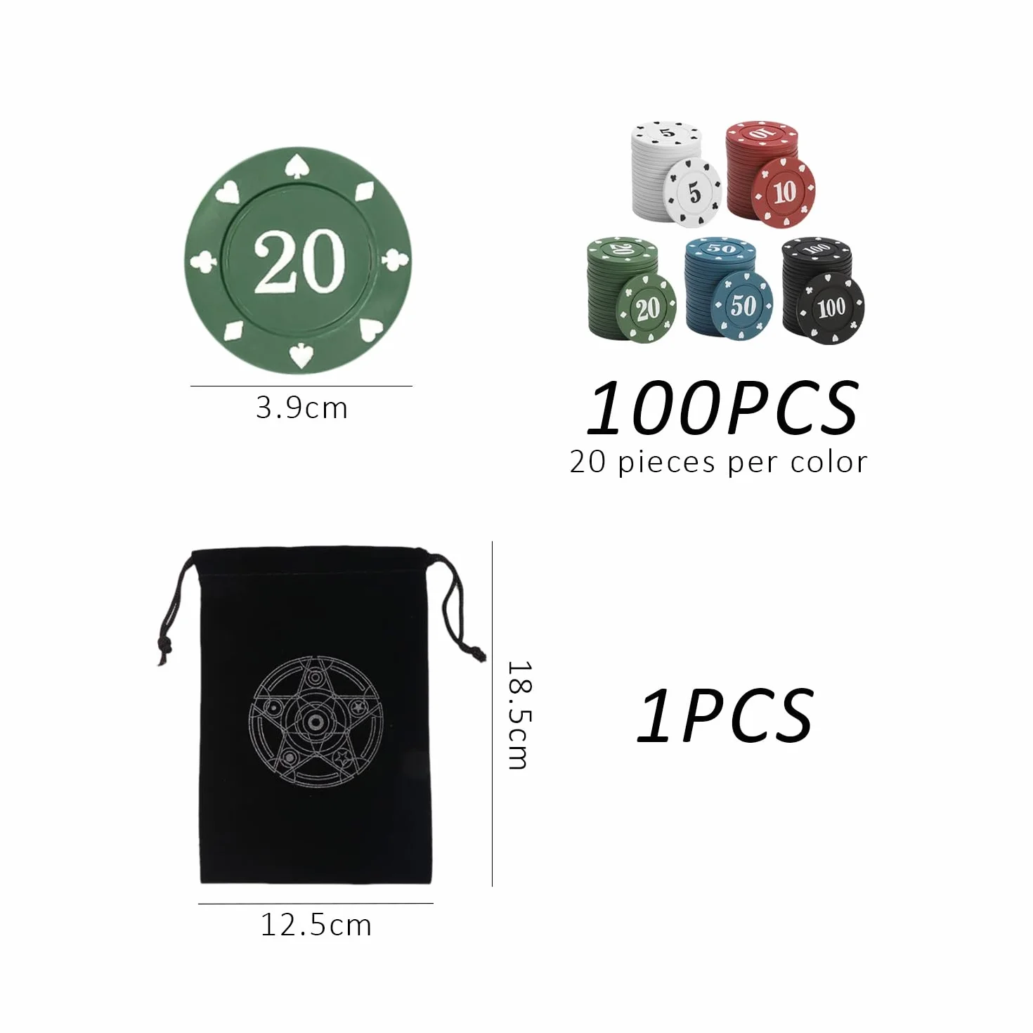100 żetonów do pokera w 5 kolorach i torbie do przechowywania