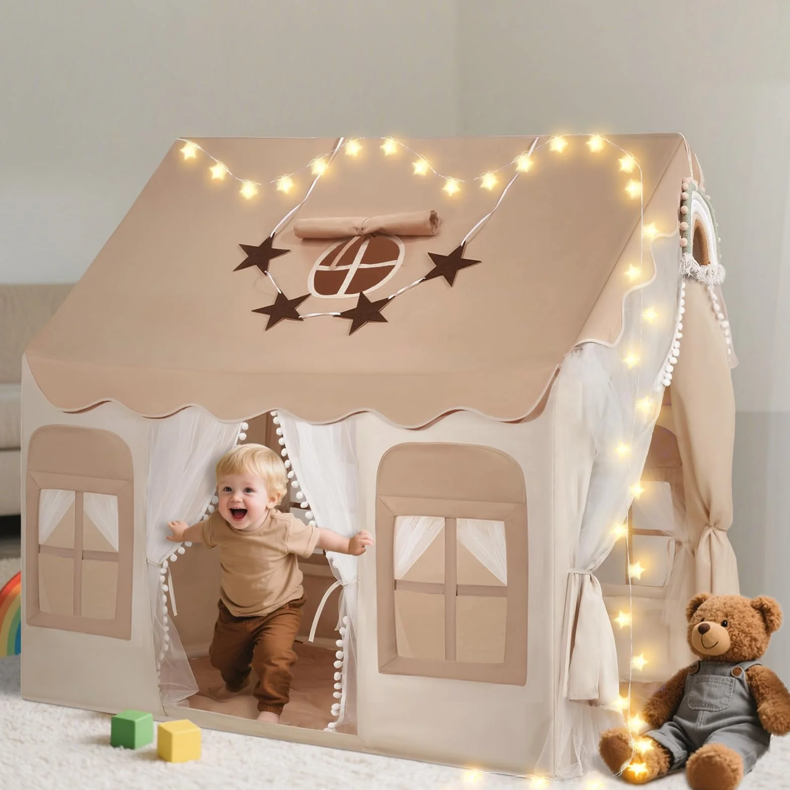 snookids Namiot dziecięcy do użytku wewnątrz – domek do zabawy dla dzieci z matą, światełkami, tęczowymi zawieszkami i flagą gwiazd, namiot do zabawy, namiot tipi dla dzieci, dekoracja pokoju