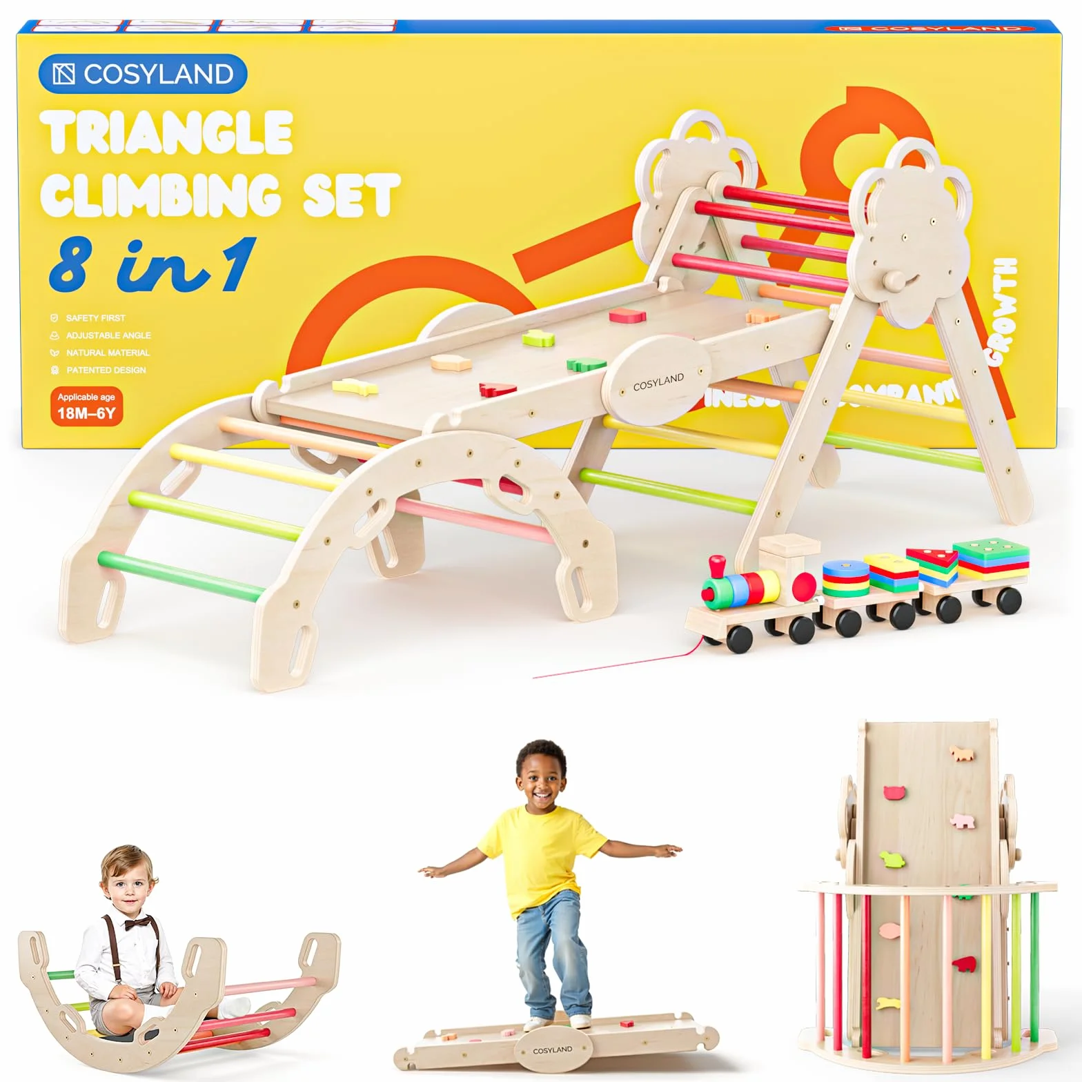 COSYLAND Montessori Rusztowanie do Wspinaczki – Trójkąt ze Zjeżdżalnią, Łukiem i Składaną Konstrukcją, Stabilny Zestaw w Domu dla Dzieci 18M–6L, Duży, Ciepłe Kolory