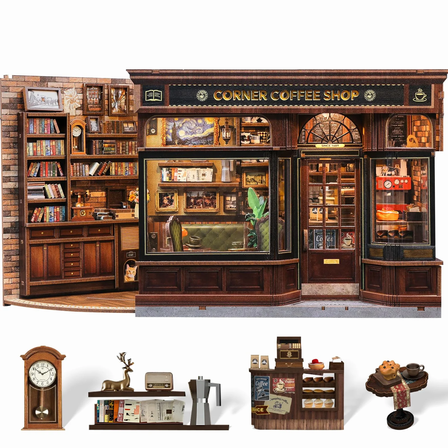 CUTEBEE Book Nook – DIY Mini House Miniaturowego Domku Dla Lalek dla Dorosłych z Oświetleniem LED, Układanką 3D i do – Dekoracja Półki na Książki i Pomysł na Prezent (Corner Coffee Shop)