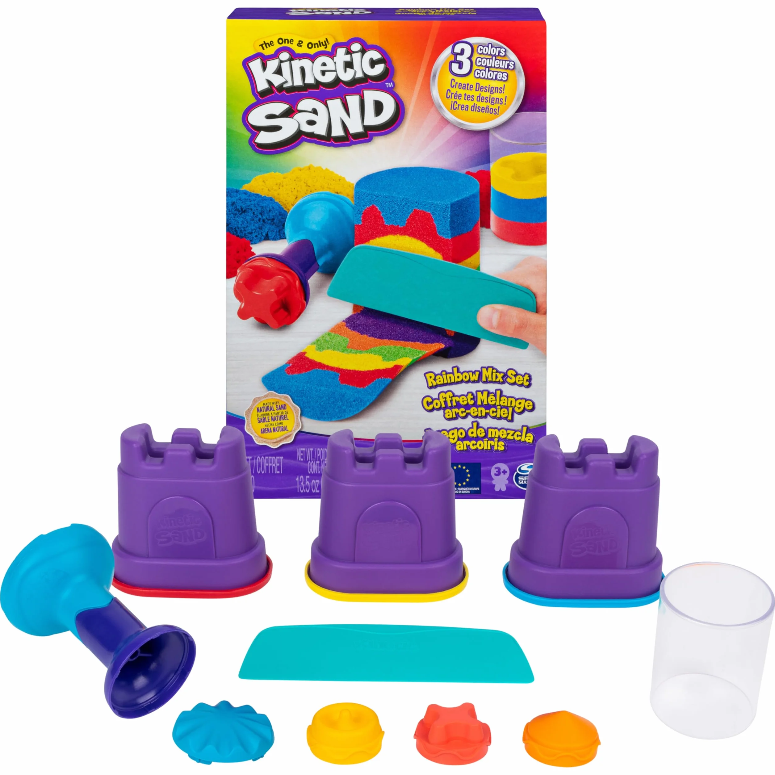Kinetic Sand, Rainbow Mix Set with 3 Colours of Kinetic Sand (382g) and 6 Tools, for Kids Aged 3 and Up