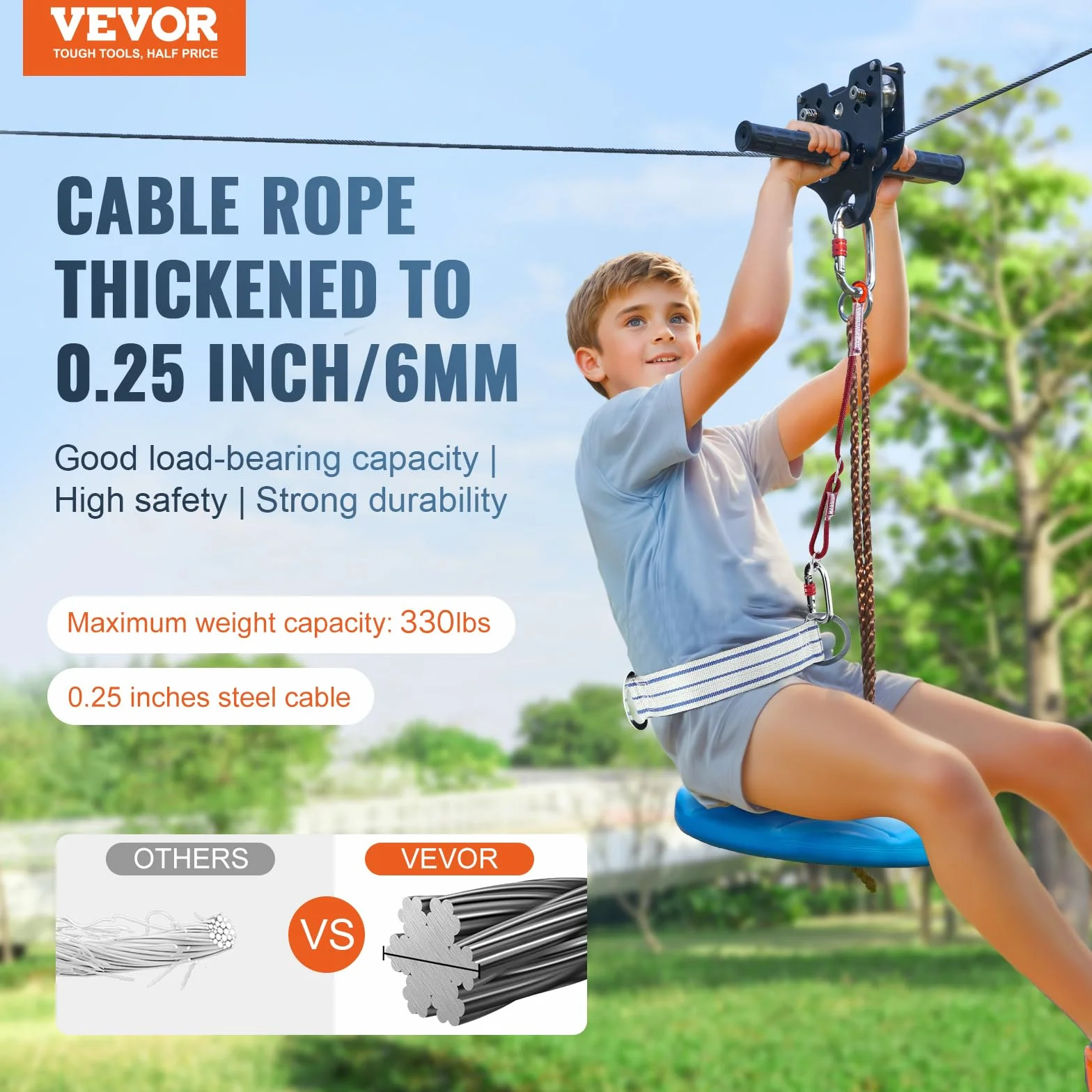 VEVOR Zestaw zipline dla dzieci i dorosłych, zestawy z zamkiem błyskawicznym 36 m do 226 kg, podwórko na zewnątrz, szybka konfiguracja zipline, rozrywka na placu zabaw z linką ze stali nierdzewnej,