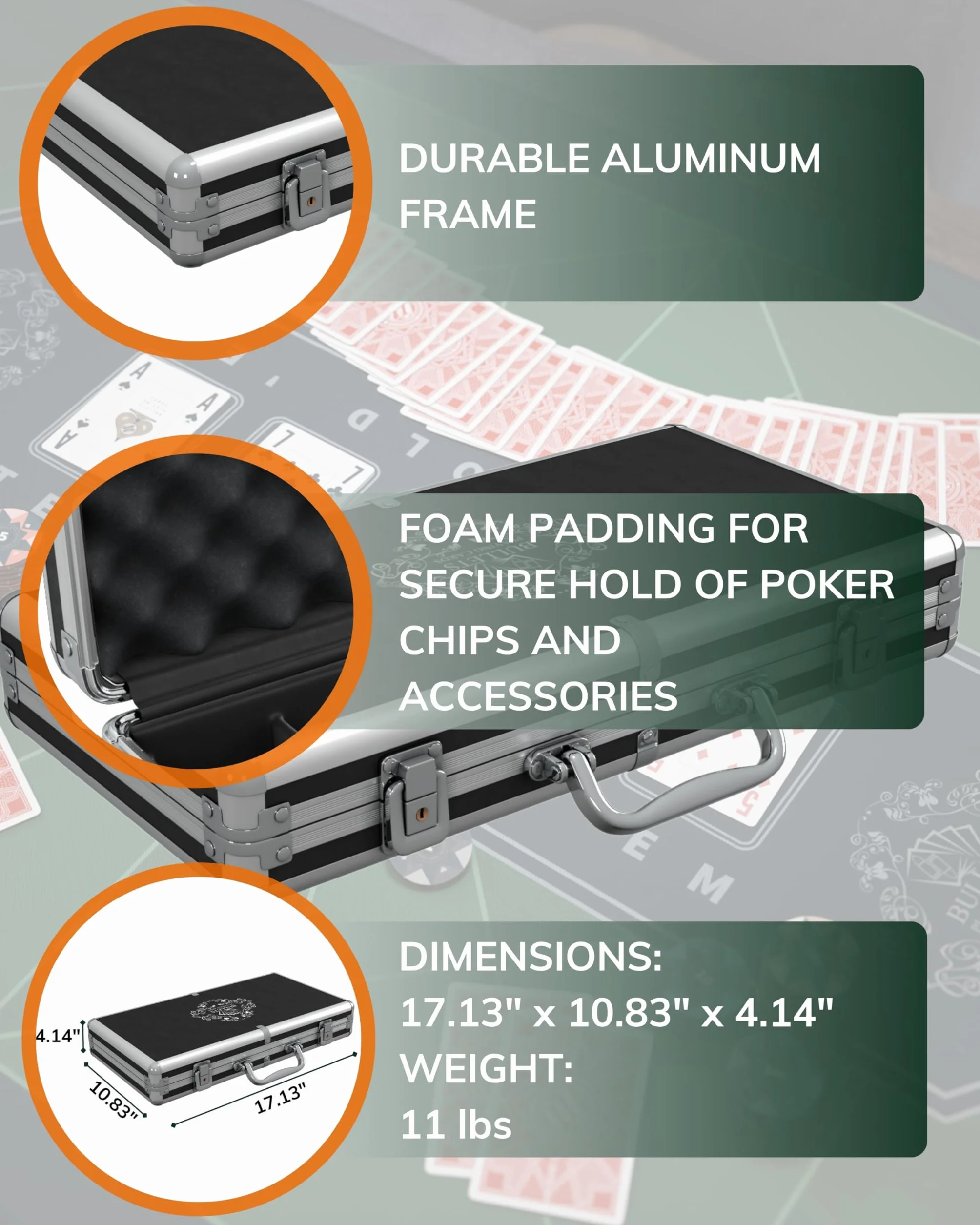 Bullets Playing Cards, Kufer pokerowy Adriana, zestaw do pokera z 300 żetonami Clay z wartościami, w zestawie ceramiczny przycisk dealera i karty do pokera
