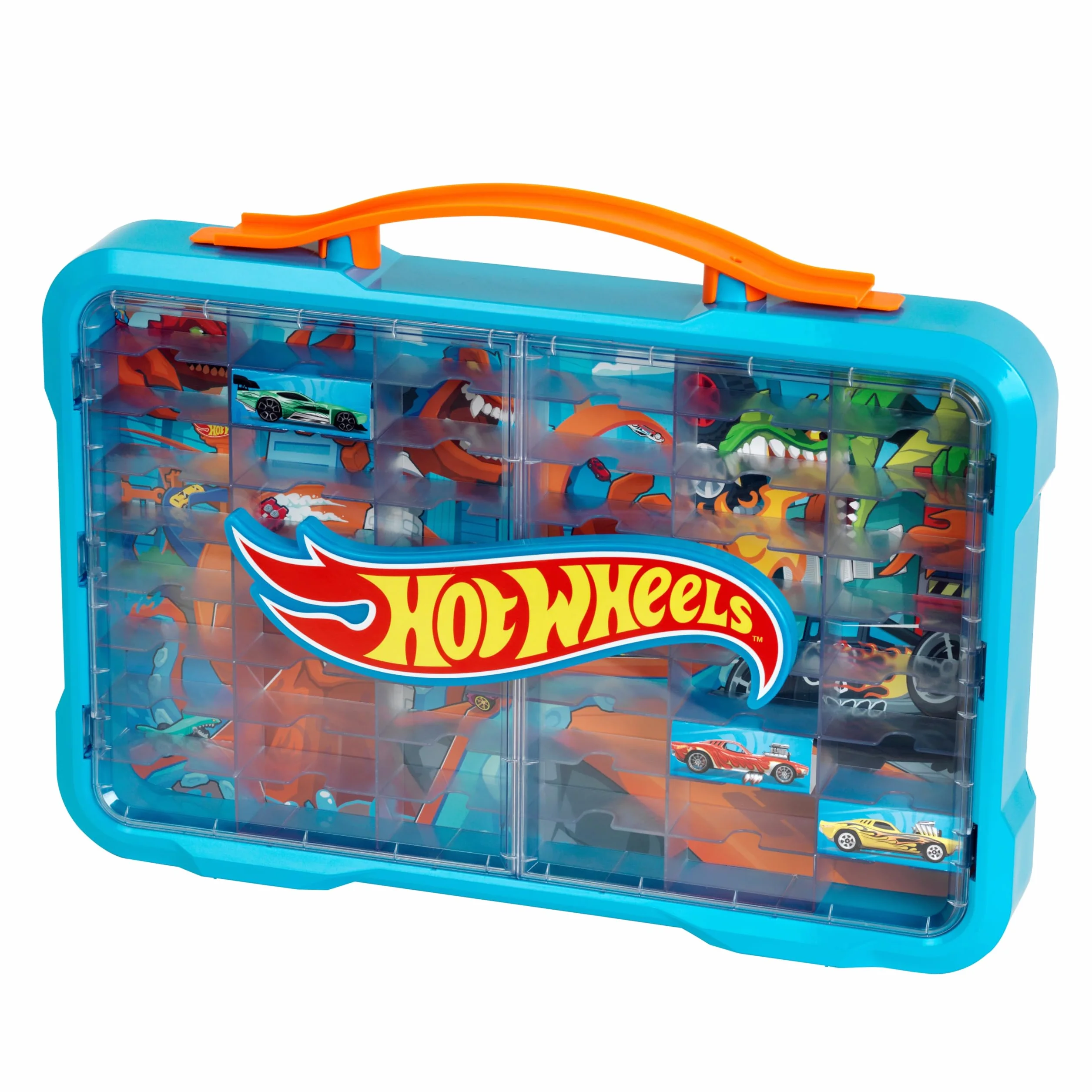Theo Klein 2408 Hot Wheels witryna do walizki kolekcjonerskiej, miejsce na 54 samochody, świecące logo Hot Wheels, z praktycznym uchwytem do noszenia, zabawka dla dzieci od 3 lat