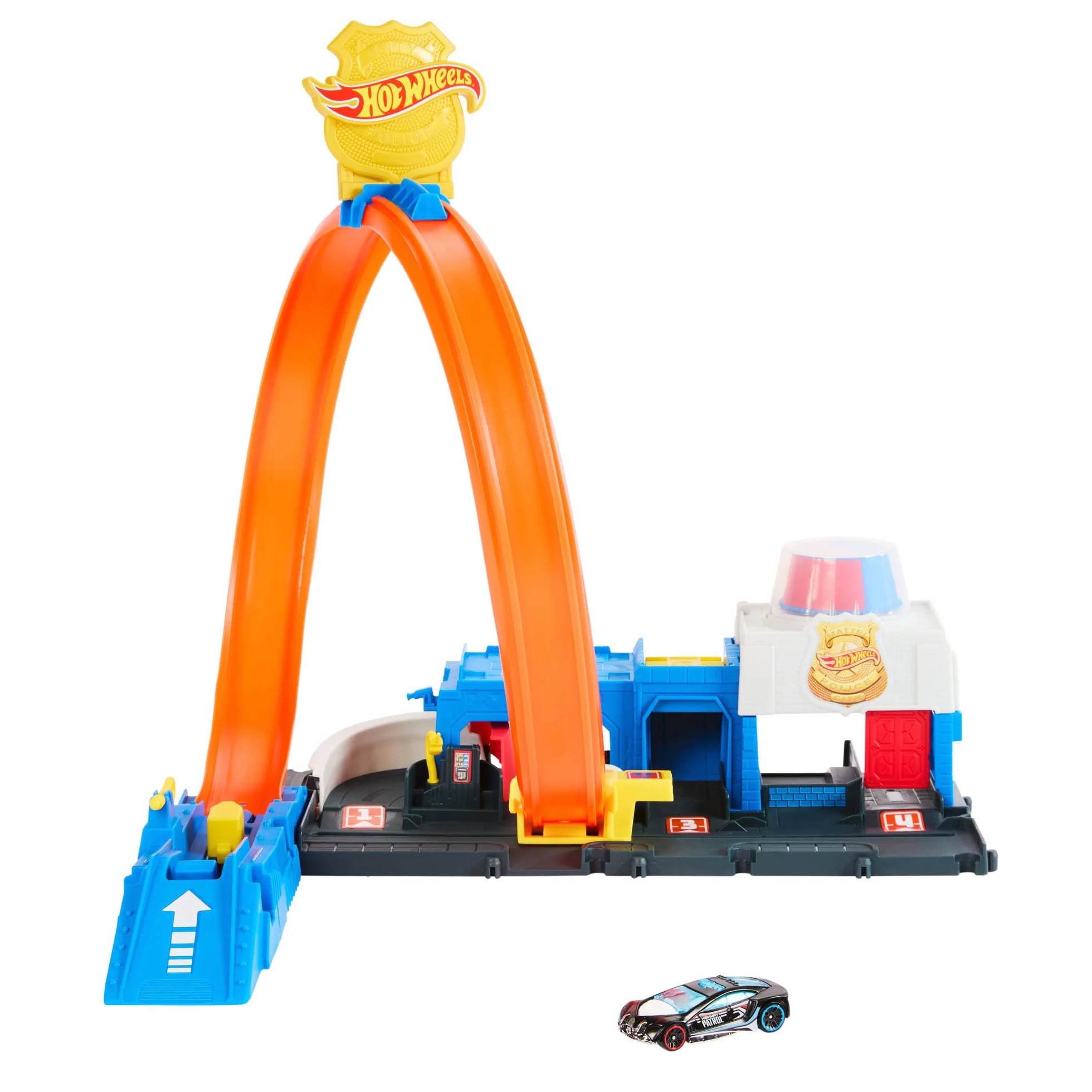 Hot Wheels City Posterunek policji Super Pętla Zestaw do zabawy, tor wyścigowy, metalowy samochód zabawka w skali 1:64 i pętla rajdowa, JBM71
