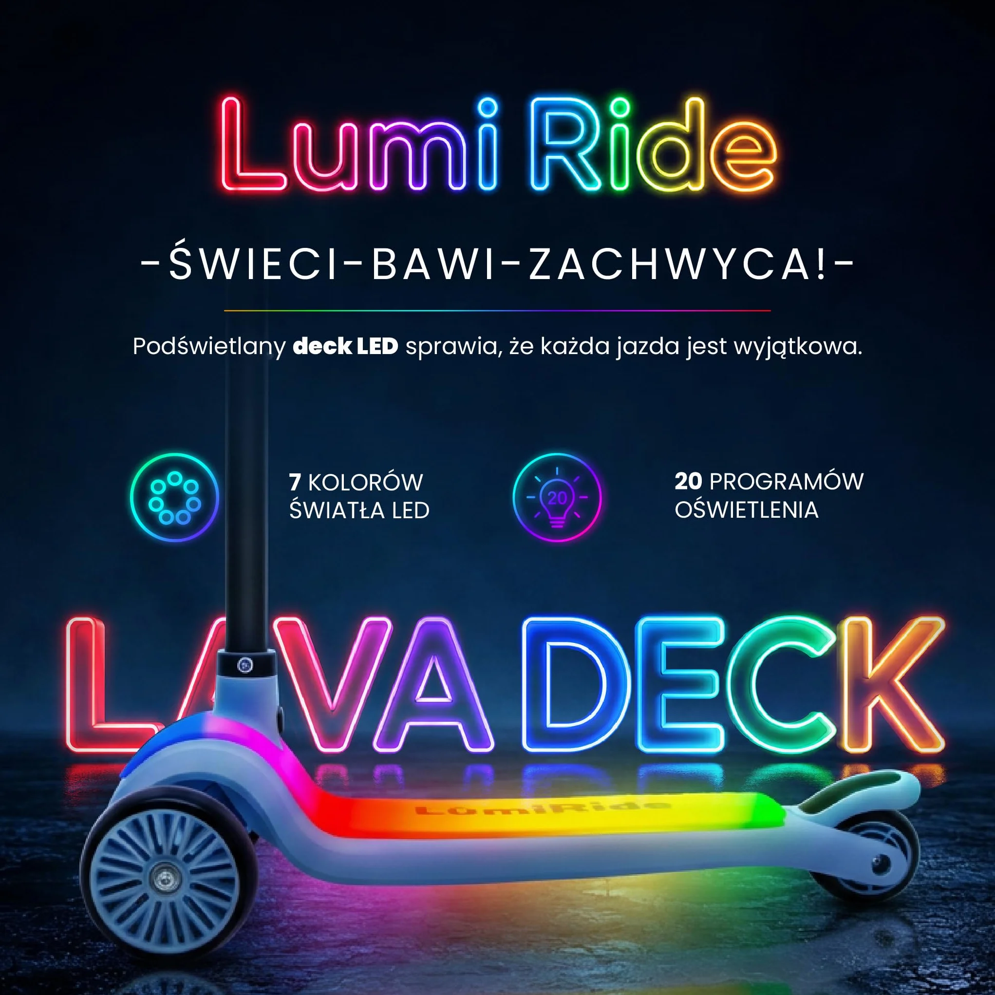 LUMI RIDE Hulajnoga Trójkołowa dla dzieci LED 3+, Balansowa, Składana, Regulowana Kierownica, Hamulec Nożny, Antypoślizgowy Podest, Wyjmowana Kierownica